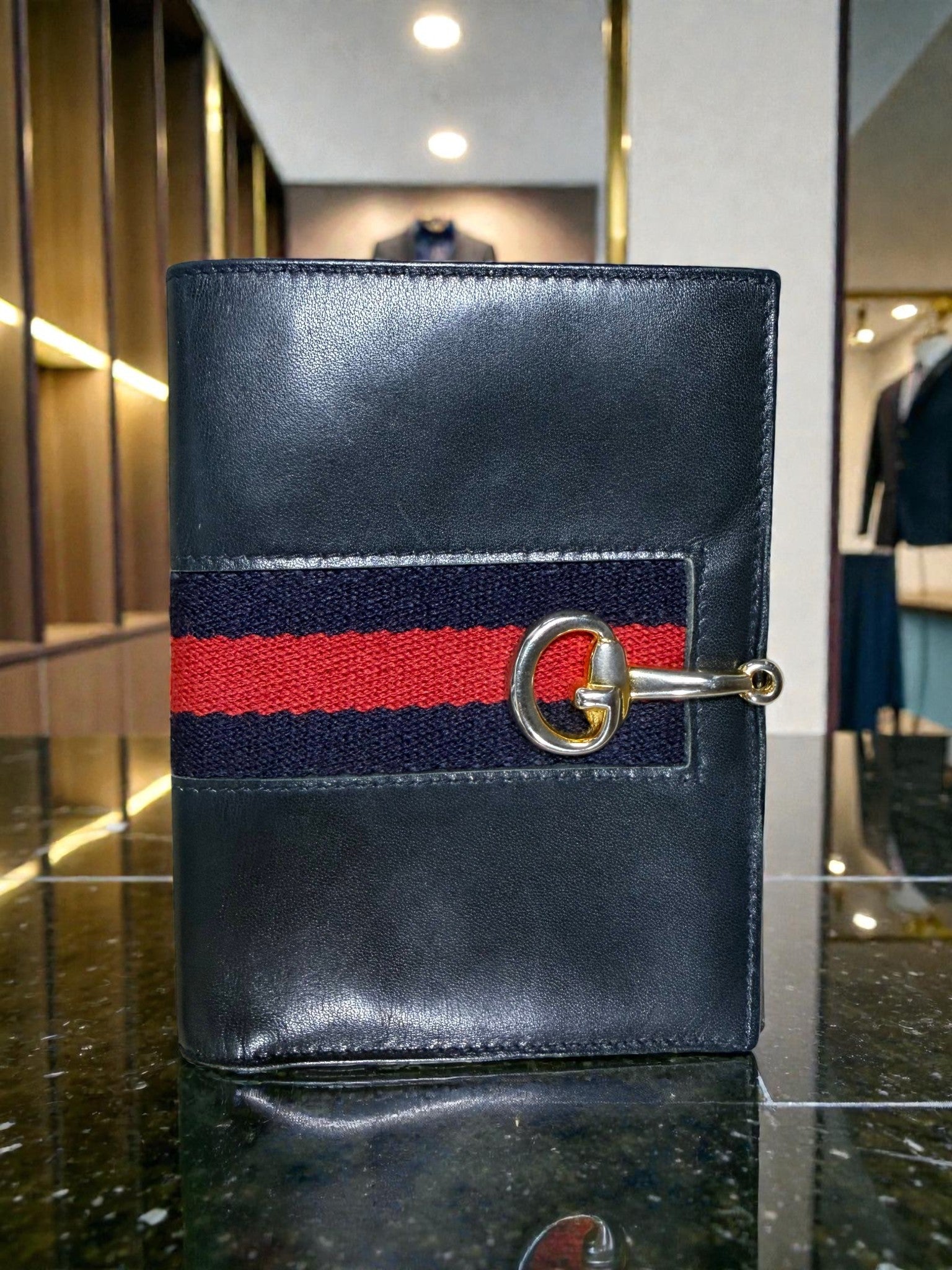 1970s Gucci Black Leather Web Stripe Horsebit Wallet