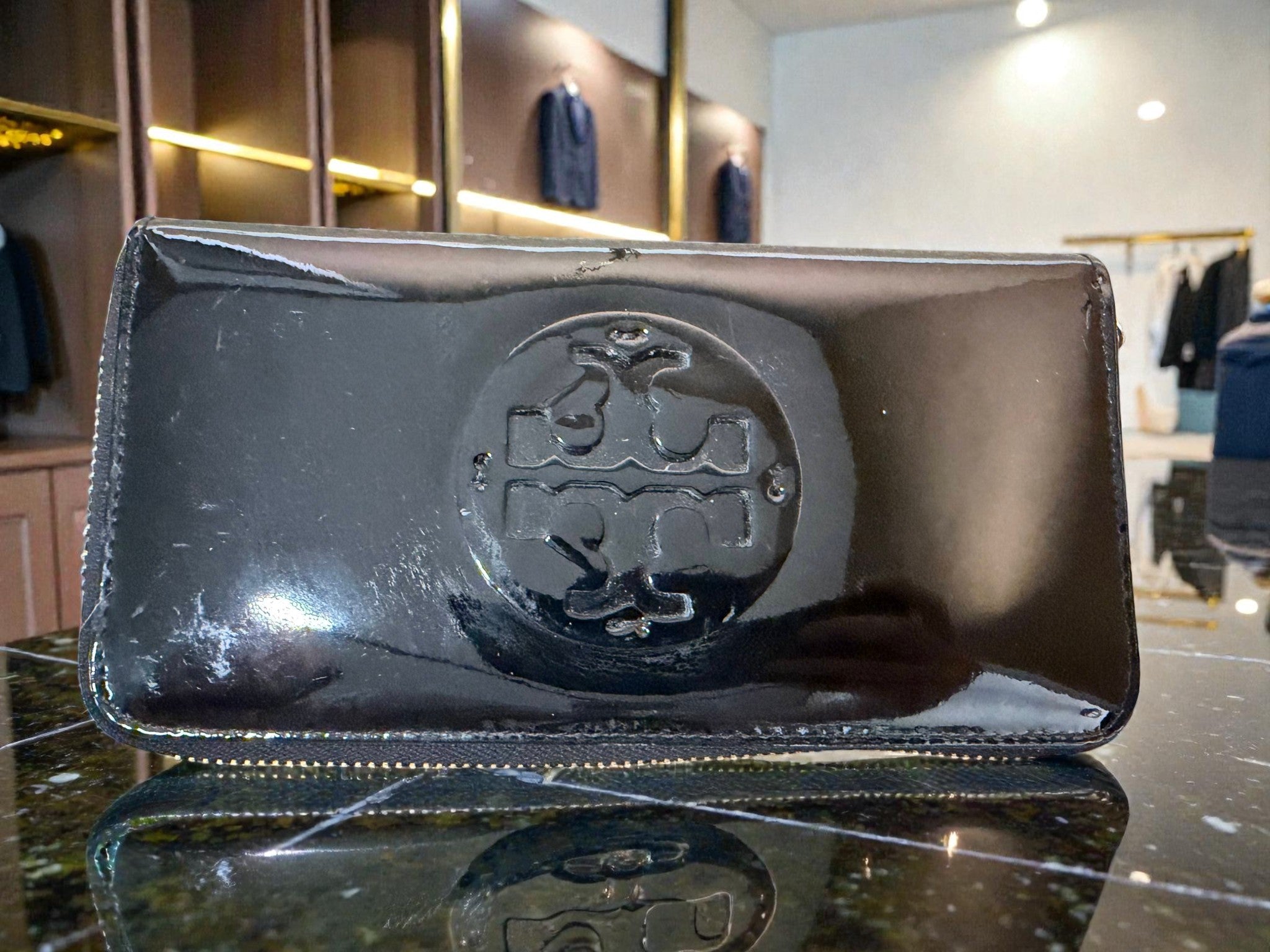 Tory Burch Black Patent Leather Zip-Around Continental Wallet