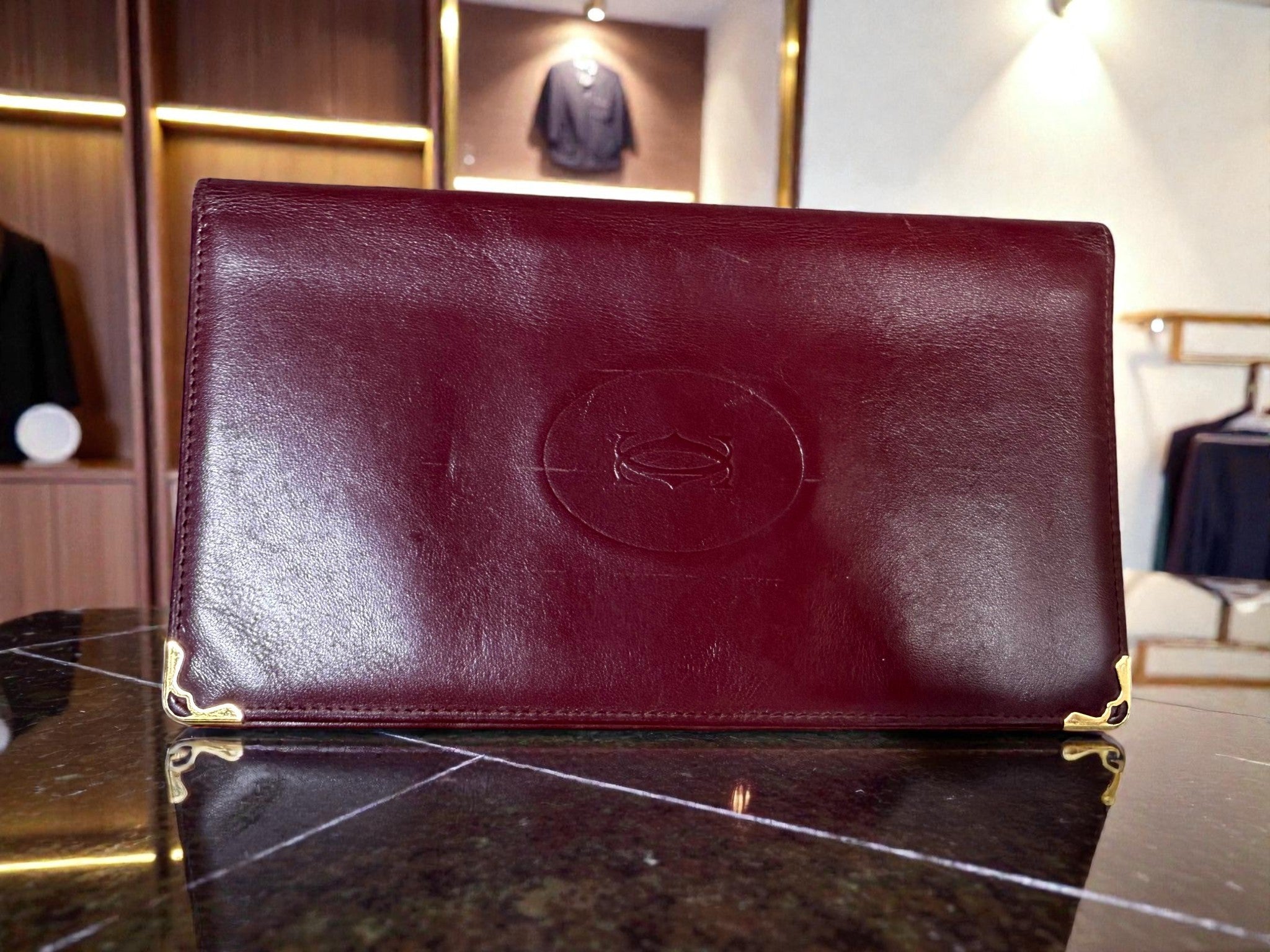 Cartier Burgundy Leather Long Wallet with Gold Corners