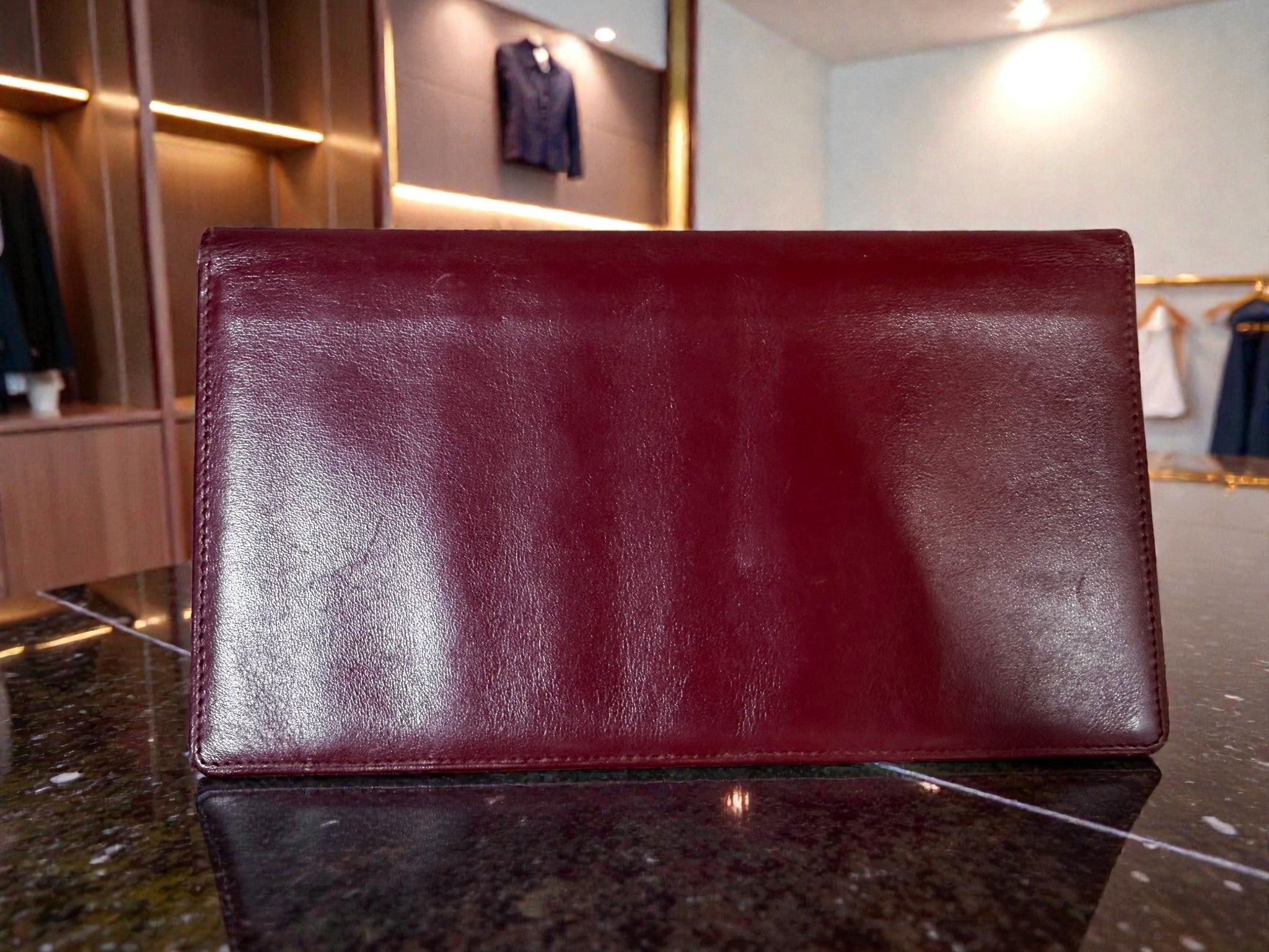 Cartier Burgundy Leather Long Wallet with Gold Corners