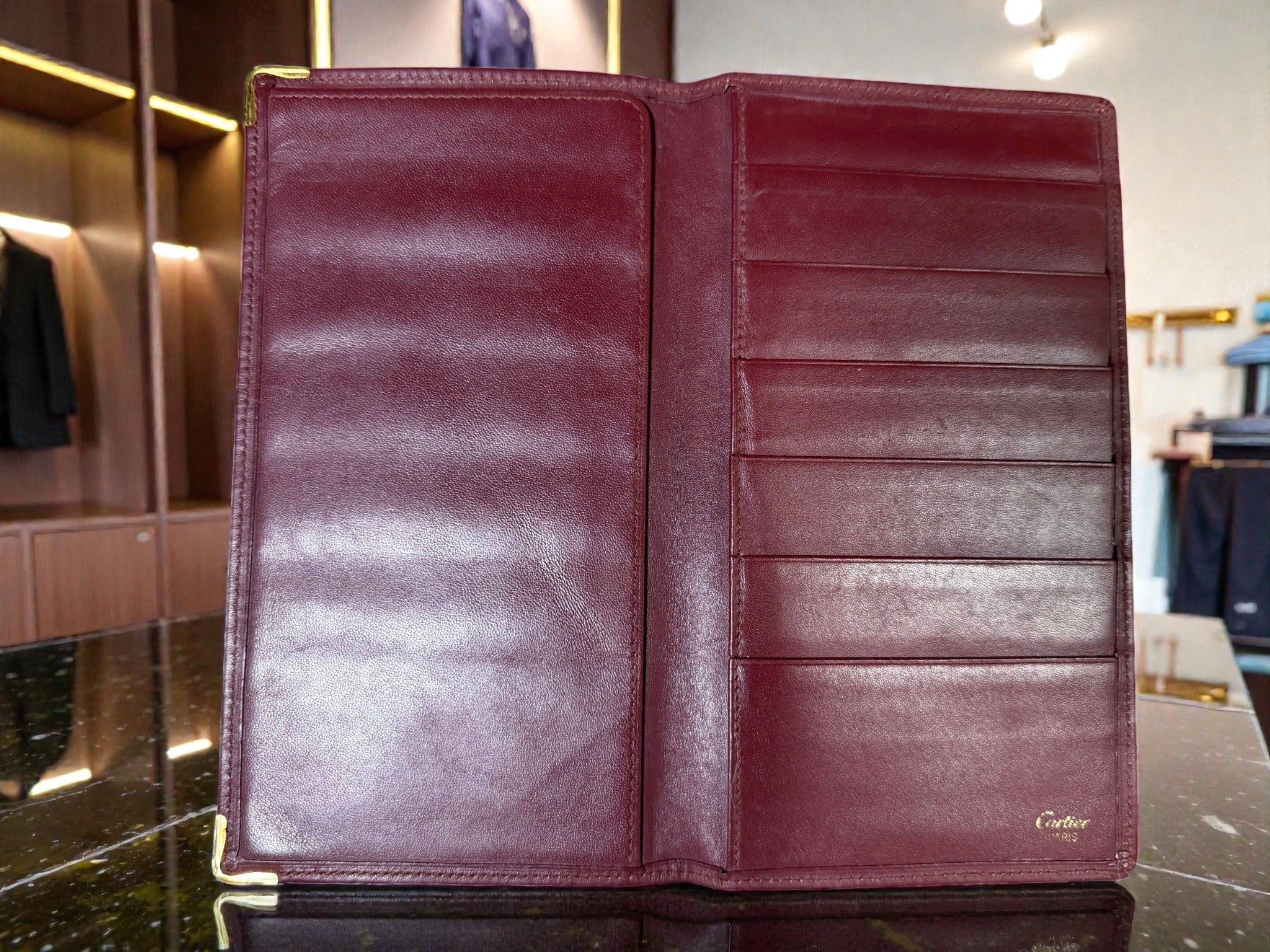 Cartier Burgundy Leather Long Wallet with Gold Corners