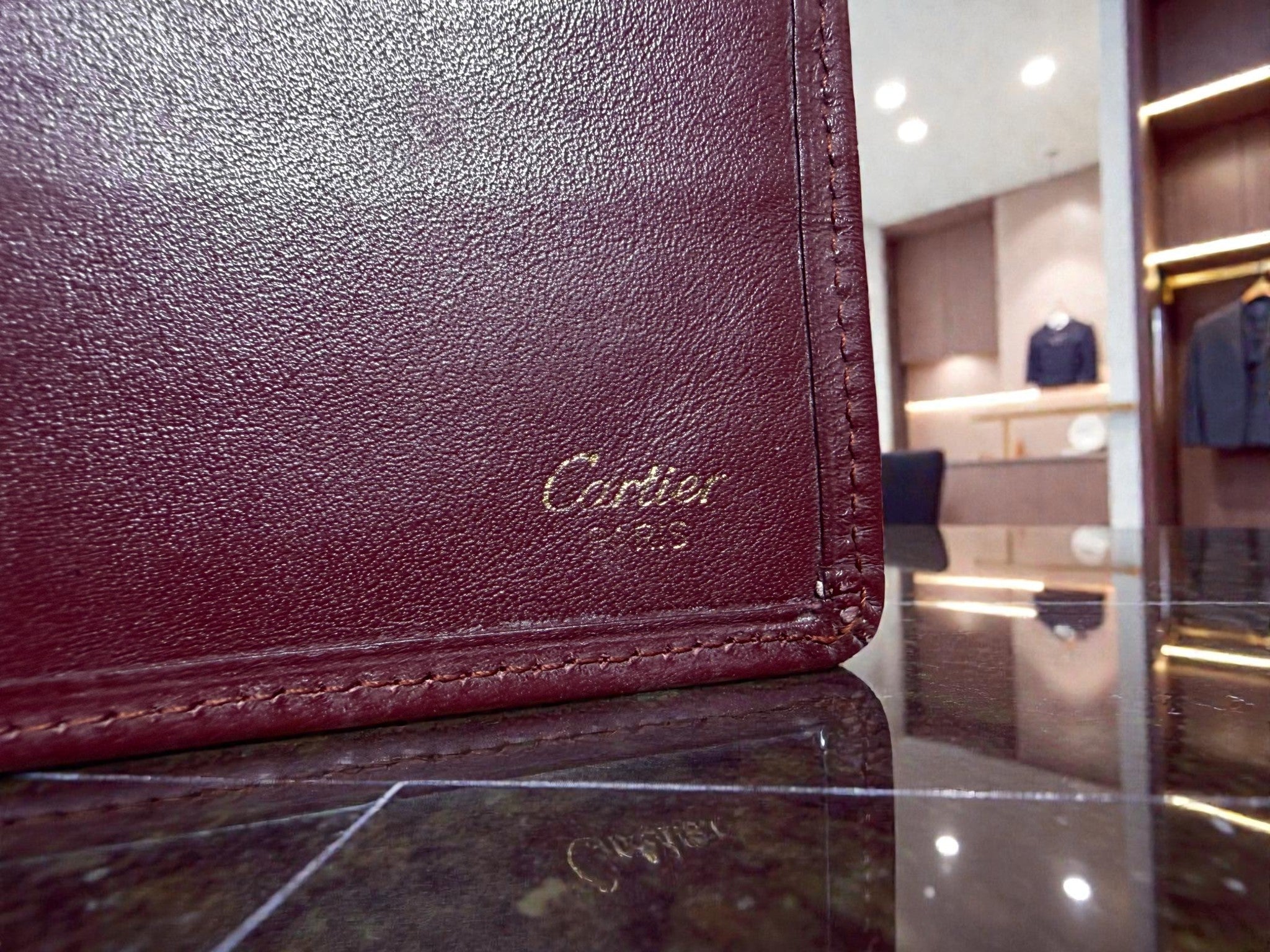 Cartier Burgundy Leather Long Wallet with Gold Corners