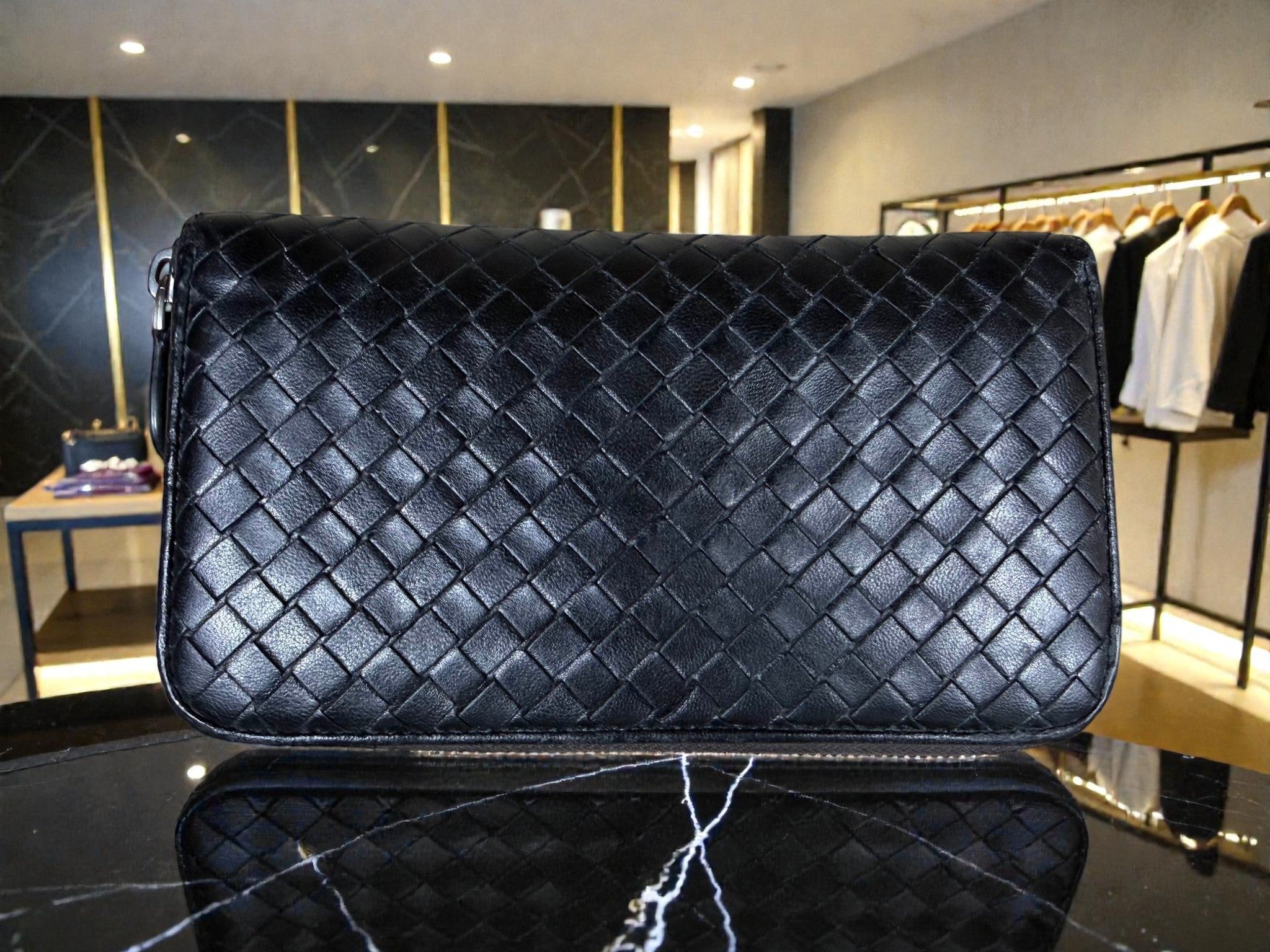 Bottega Veneta Intrecciato Zip-Around Continental Wallet in Black