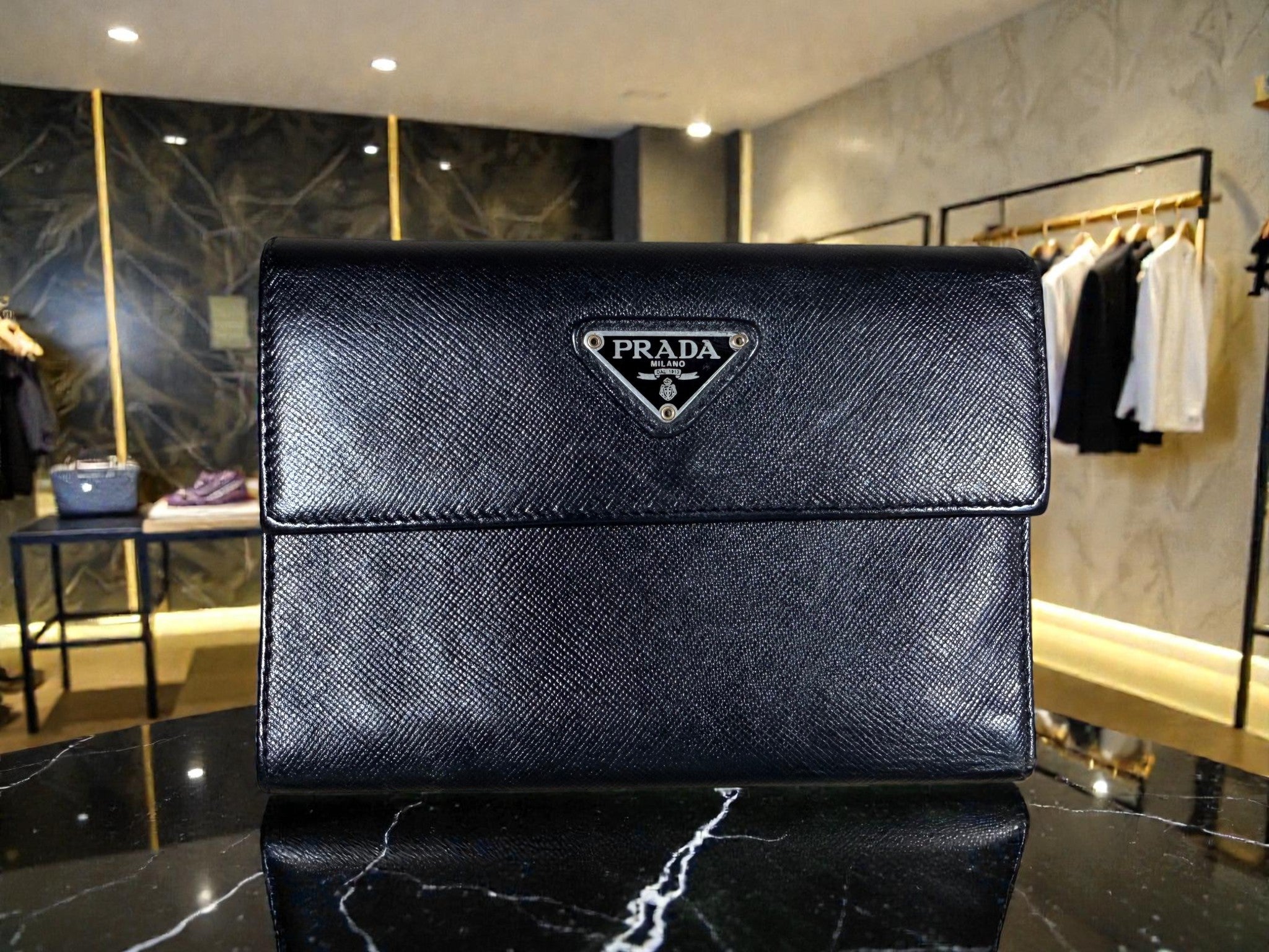 Prada Saffiano Leather Flap Wallet in Black