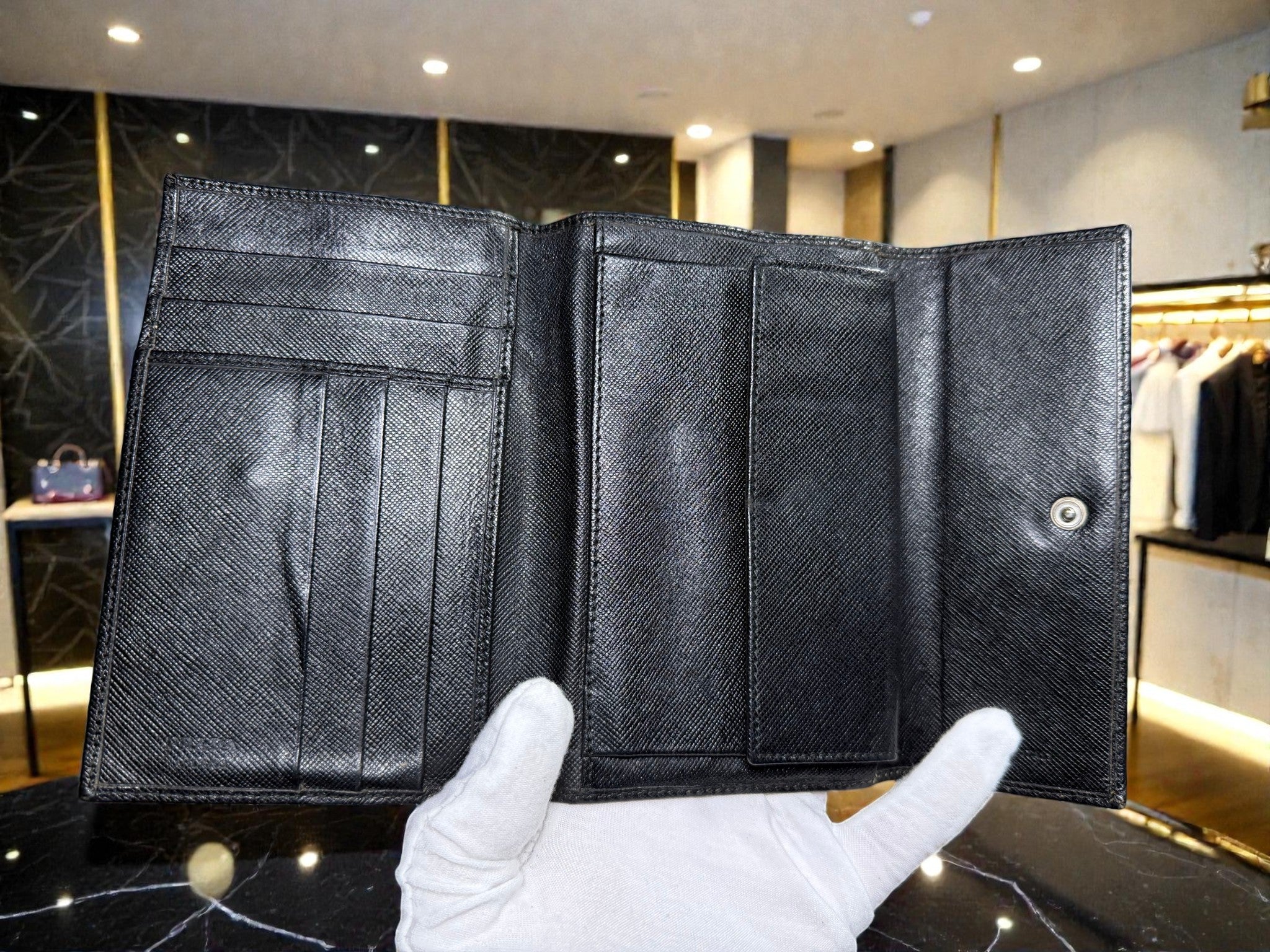 Prada Saffiano Leather Flap Wallet in Black