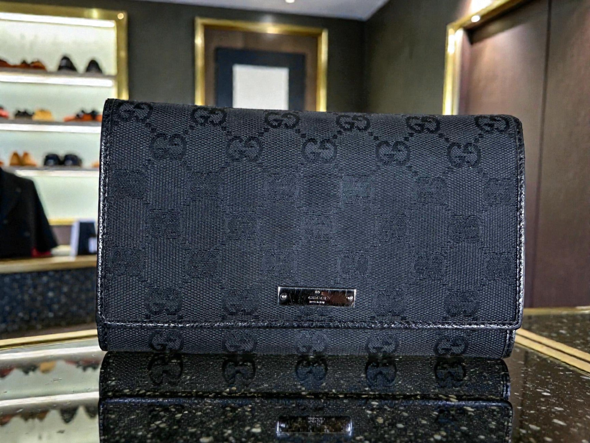 Gucci Black GG Monogram Continental Wallet with Kiss Lock