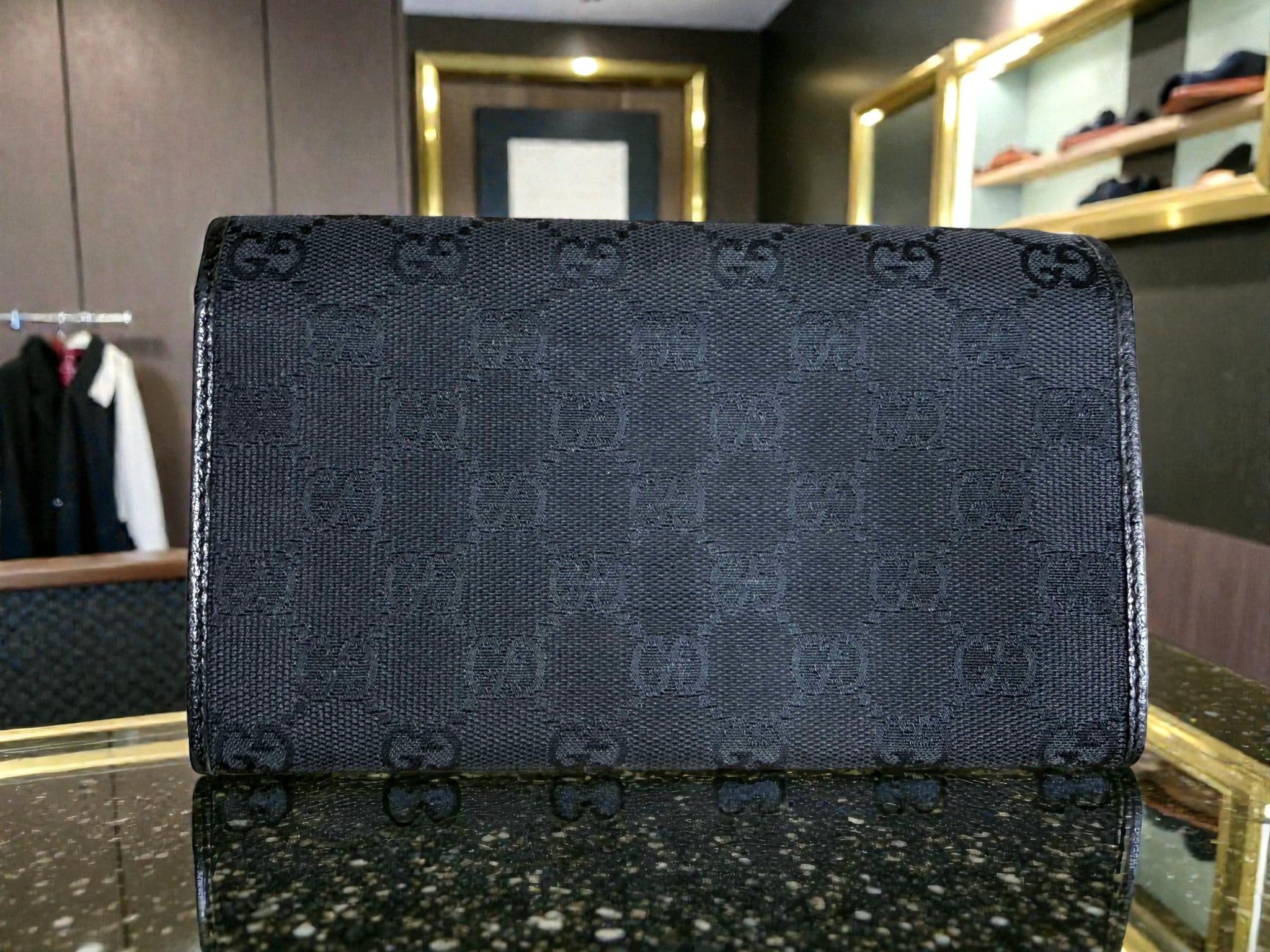 Gucci Black GG Monogram Continental Wallet with Kiss Lock