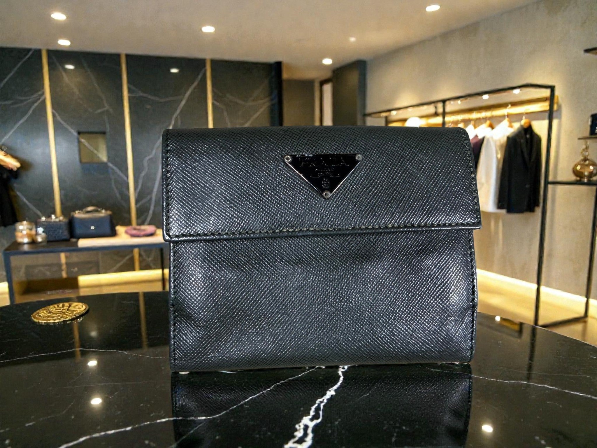 Prada Saffiano Dark Green Leather Bi-Fold Wallet with Coin Pocket