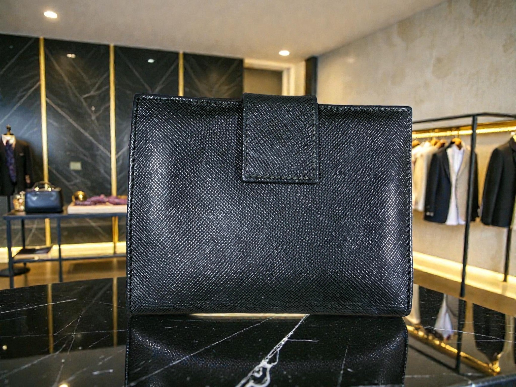 Prada Saffiano Dark Green Leather Bi-Fold Wallet with Coin Pocket