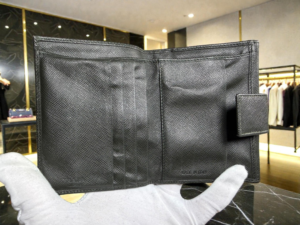 Prada Saffiano Dark Green Leather Bi-Fold Wallet with Coin Pocket
