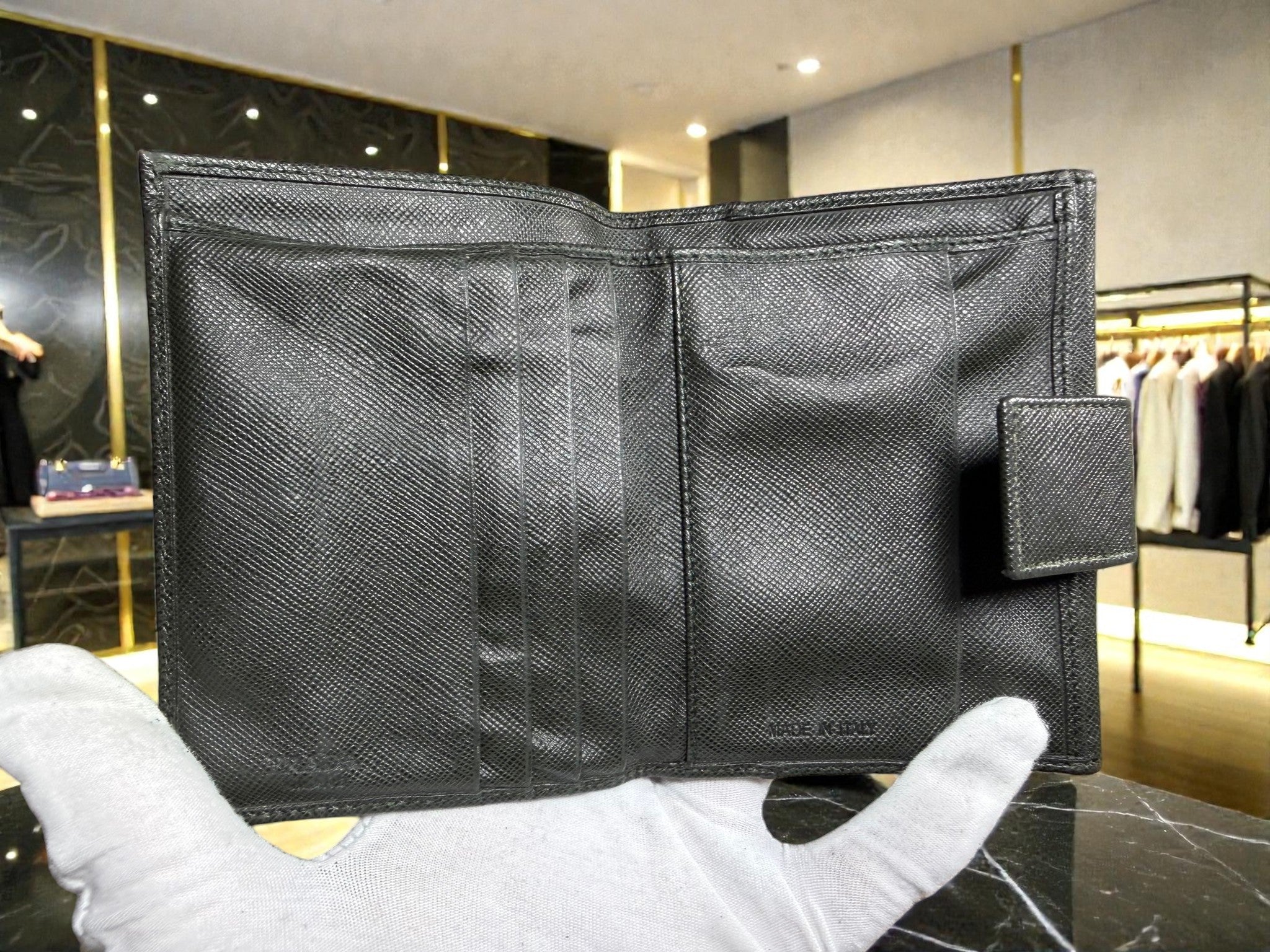 Prada Saffiano Dark Green Leather Bi-Fold Wallet with Coin Pocket
