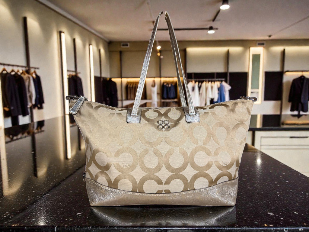 Coach Julia Op Art Signature Tote Bag in Beige with Gold Trim