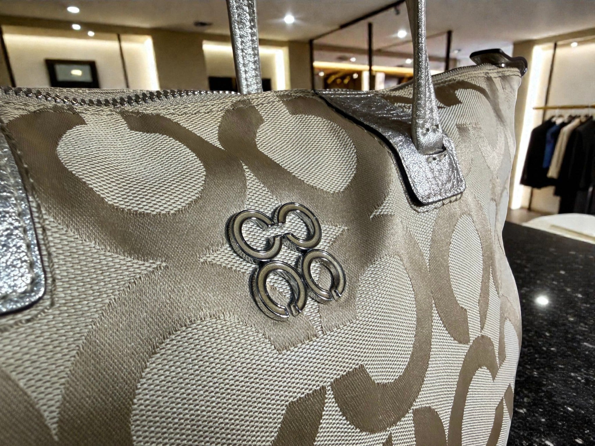Coach Julia Op Art Signature Tote Bag in Beige with Gold Trim