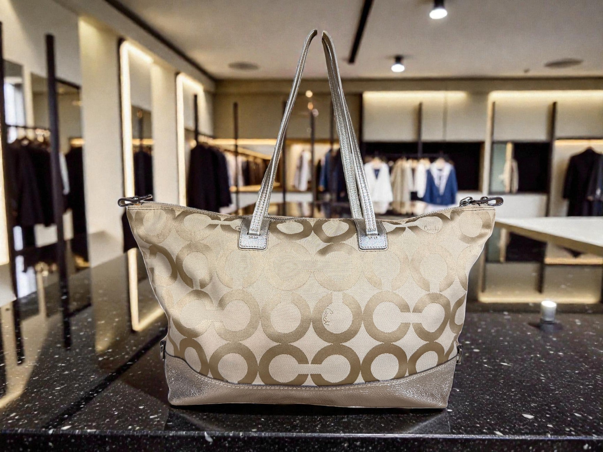 Coach Julia Op Art Signature Tote Bag in Beige with Gold Trim