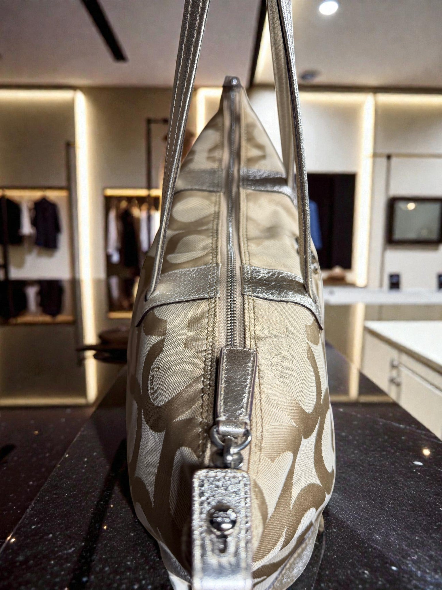 Coach Julia Op Art Signature Tote Bag in Beige with Gold Trim