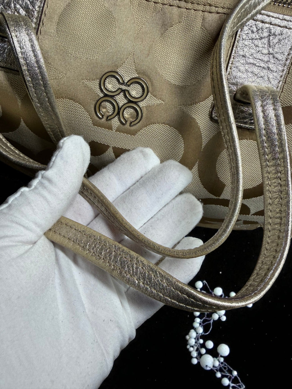 Coach Julia Op Art Signature Tote Bag in Beige with Gold Trim