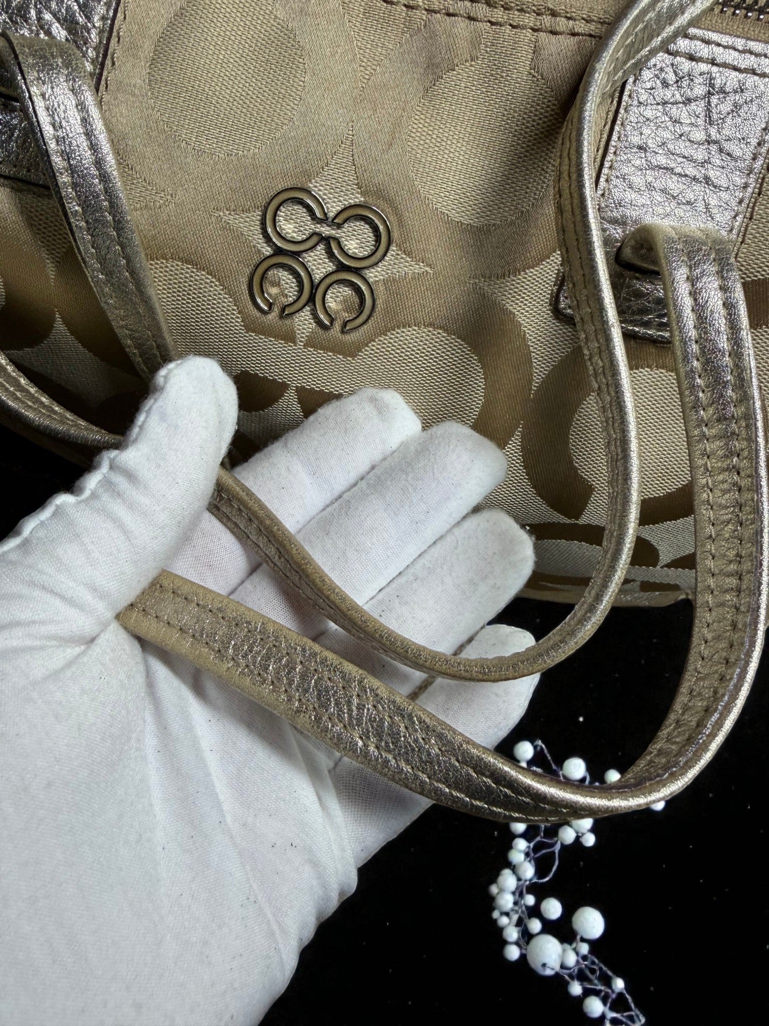 Coach Julia Op Art Signature Tote Bag in Beige with Gold Trim