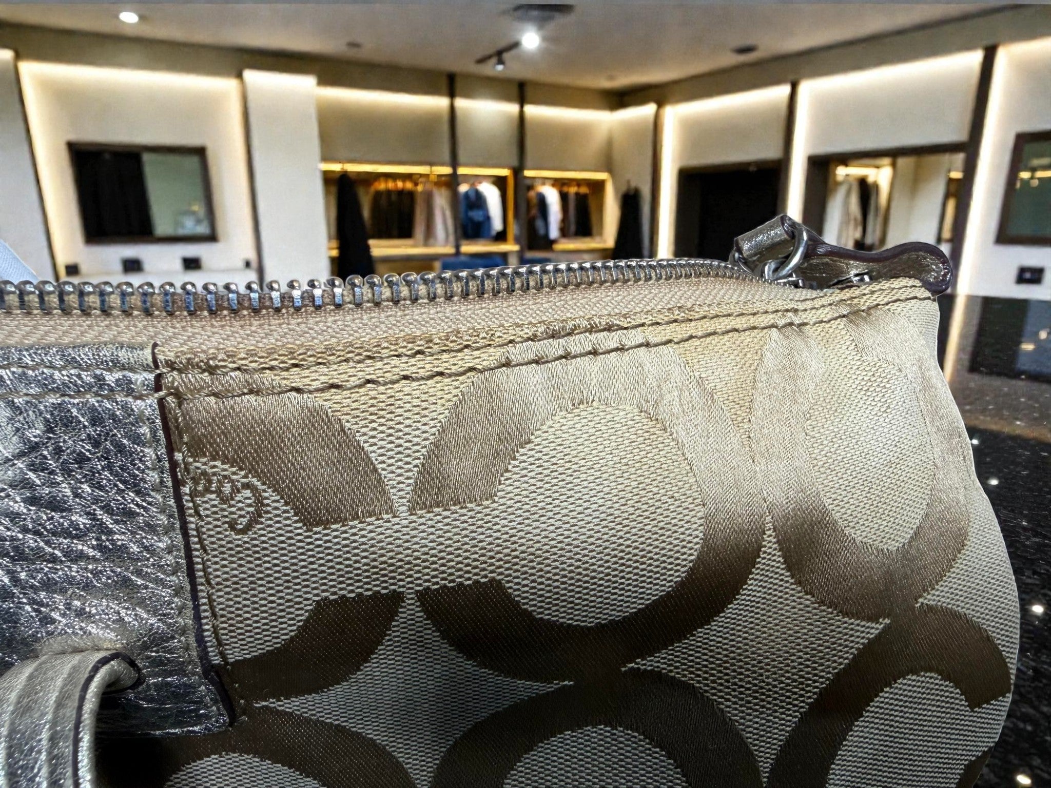 Coach Julia Op Art Signature Tote Bag in Beige with Gold Trim