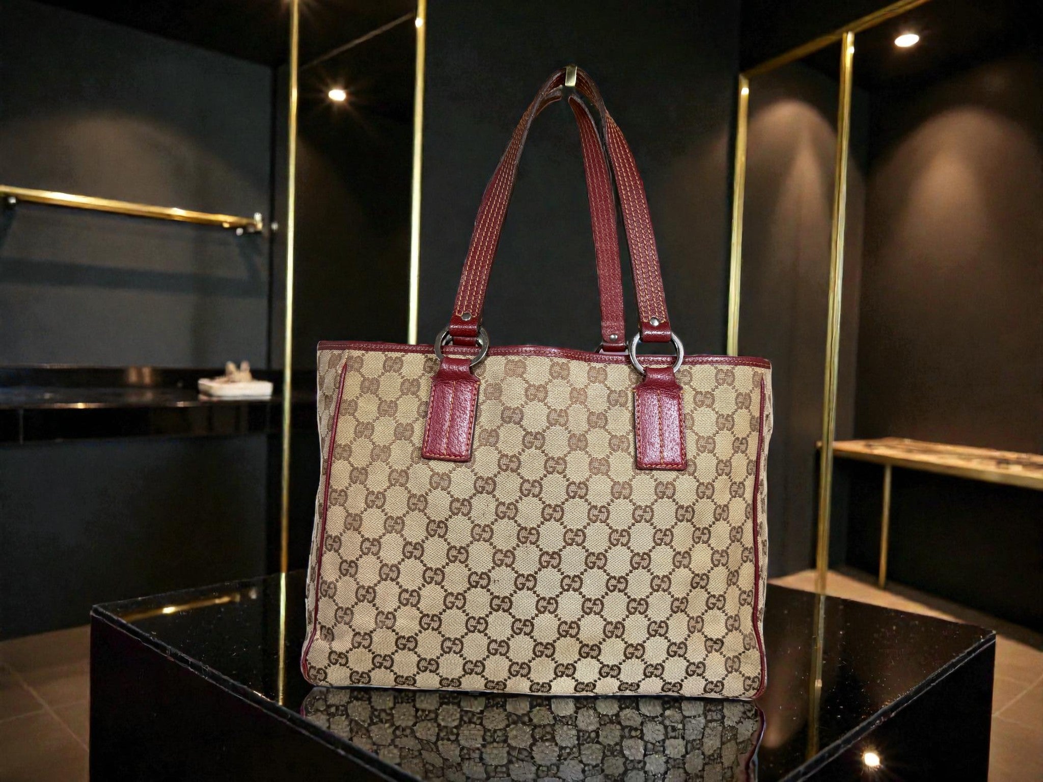 Gucci GG Supreme Canvas Tote Bag with Burgundy Leather Trim (Abbey Style)