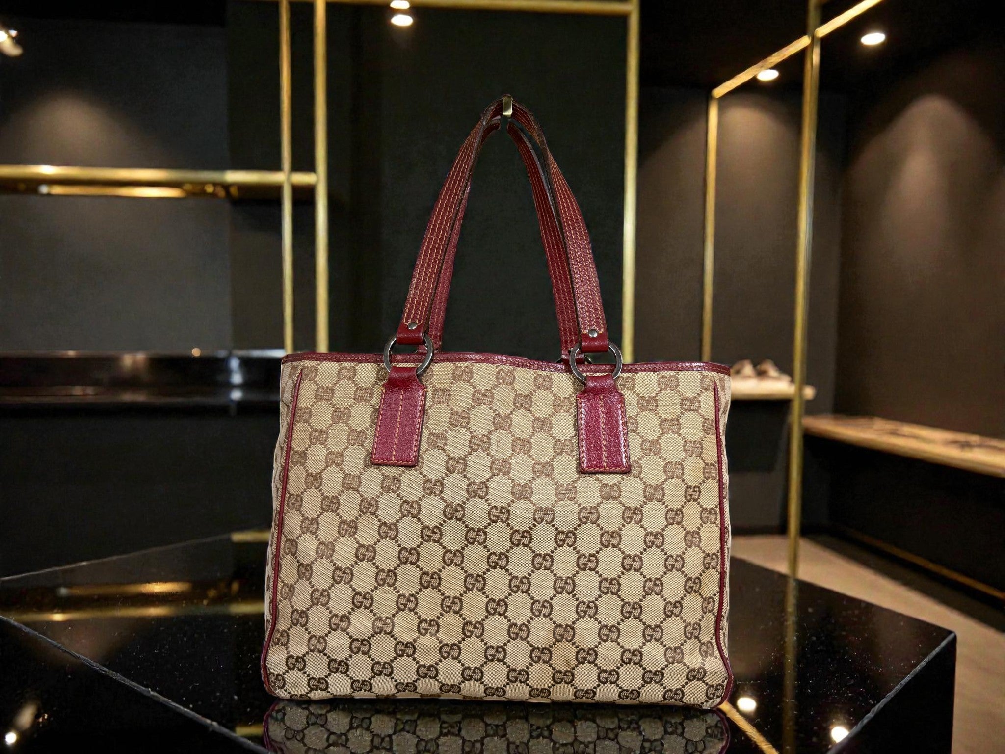 Gucci GG Supreme Canvas Tote Bag with Burgundy Leather Trim (Abbey Style)