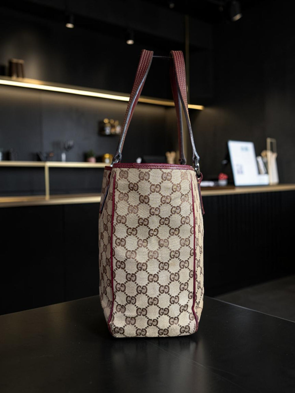 Gucci GG Supreme Canvas Tote Bag with Burgundy Leather Trim (Abbey Style)