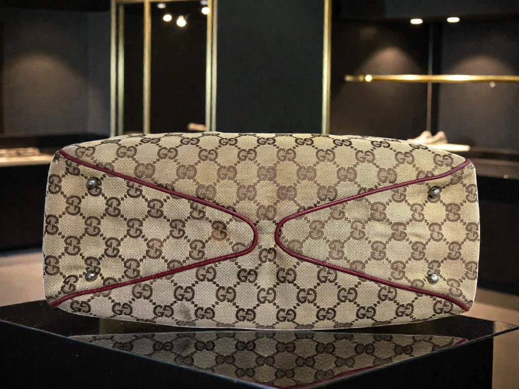 Gucci GG Supreme Canvas Tote Bag with Burgundy Leather Trim (Abbey Style)