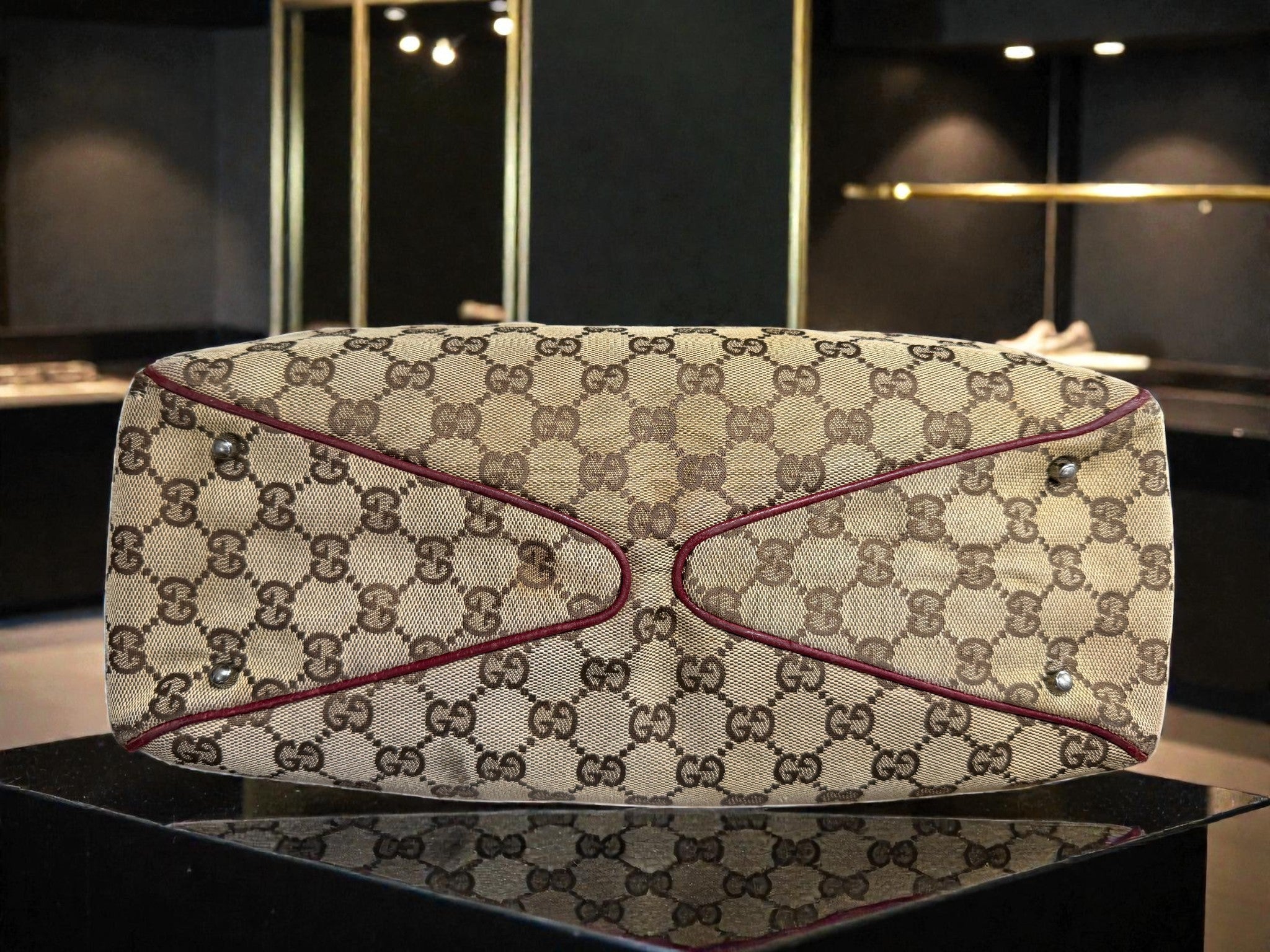 Gucci GG Supreme Canvas Tote Bag with Burgundy Leather Trim (Abbey Style)