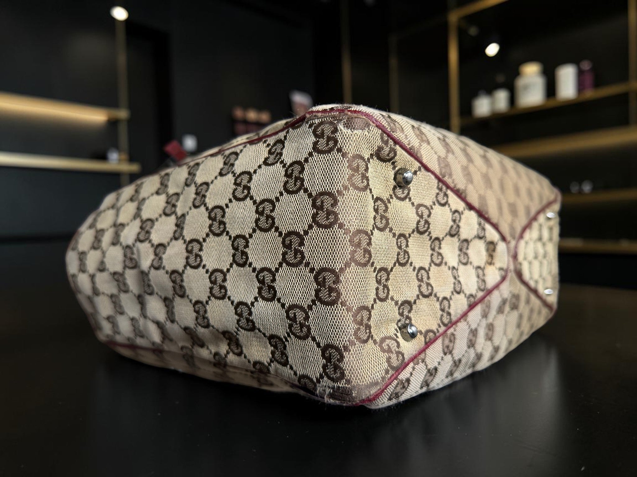 Gucci GG Supreme Canvas Tote Bag with Burgundy Leather Trim (Abbey Style)