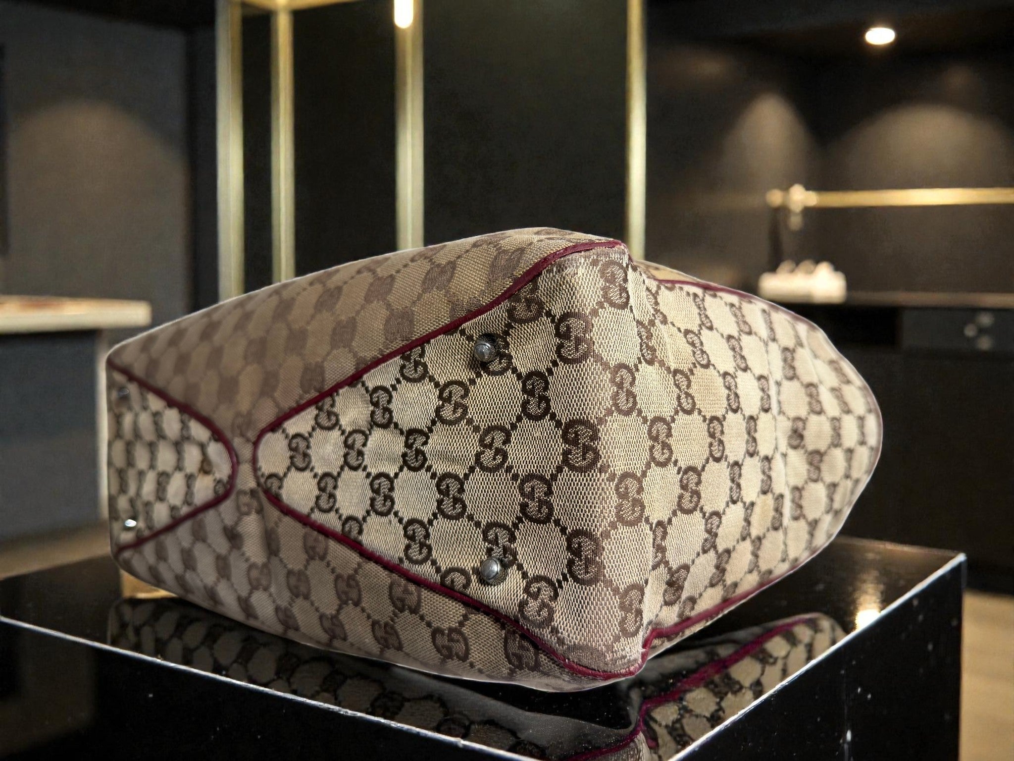 Gucci GG Supreme Canvas Tote Bag with Burgundy Leather Trim (Abbey Style)