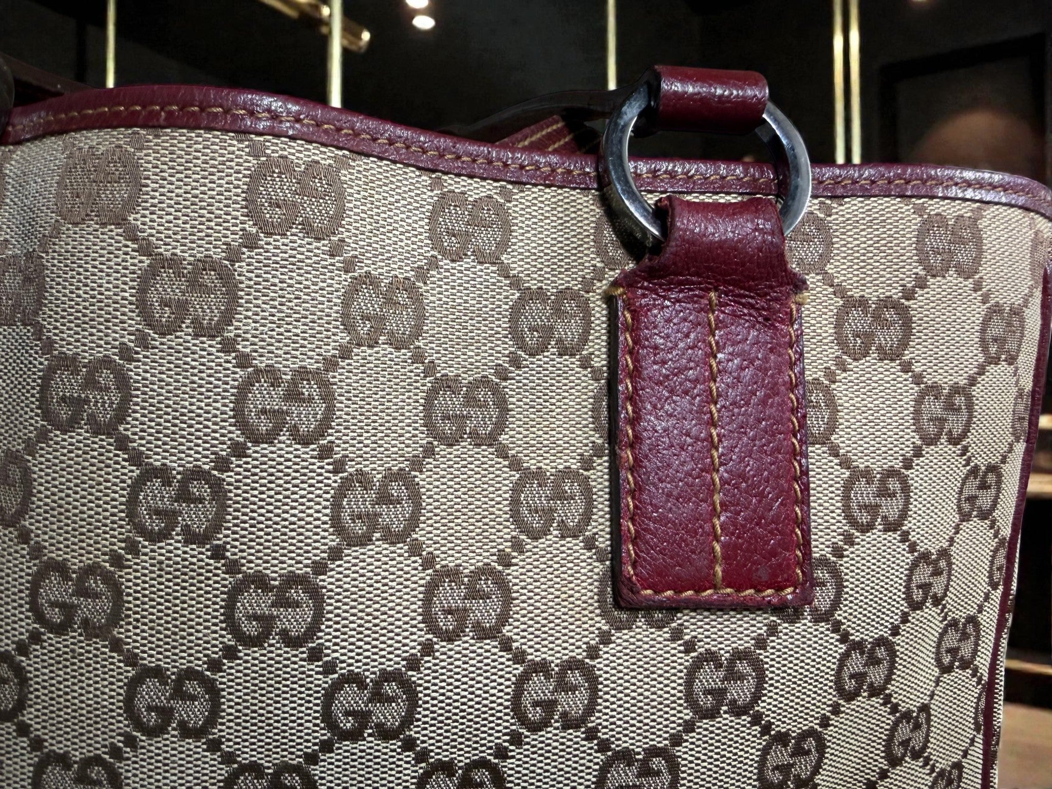 Gucci GG Supreme Canvas Tote Bag with Burgundy Leather Trim (Abbey Style)