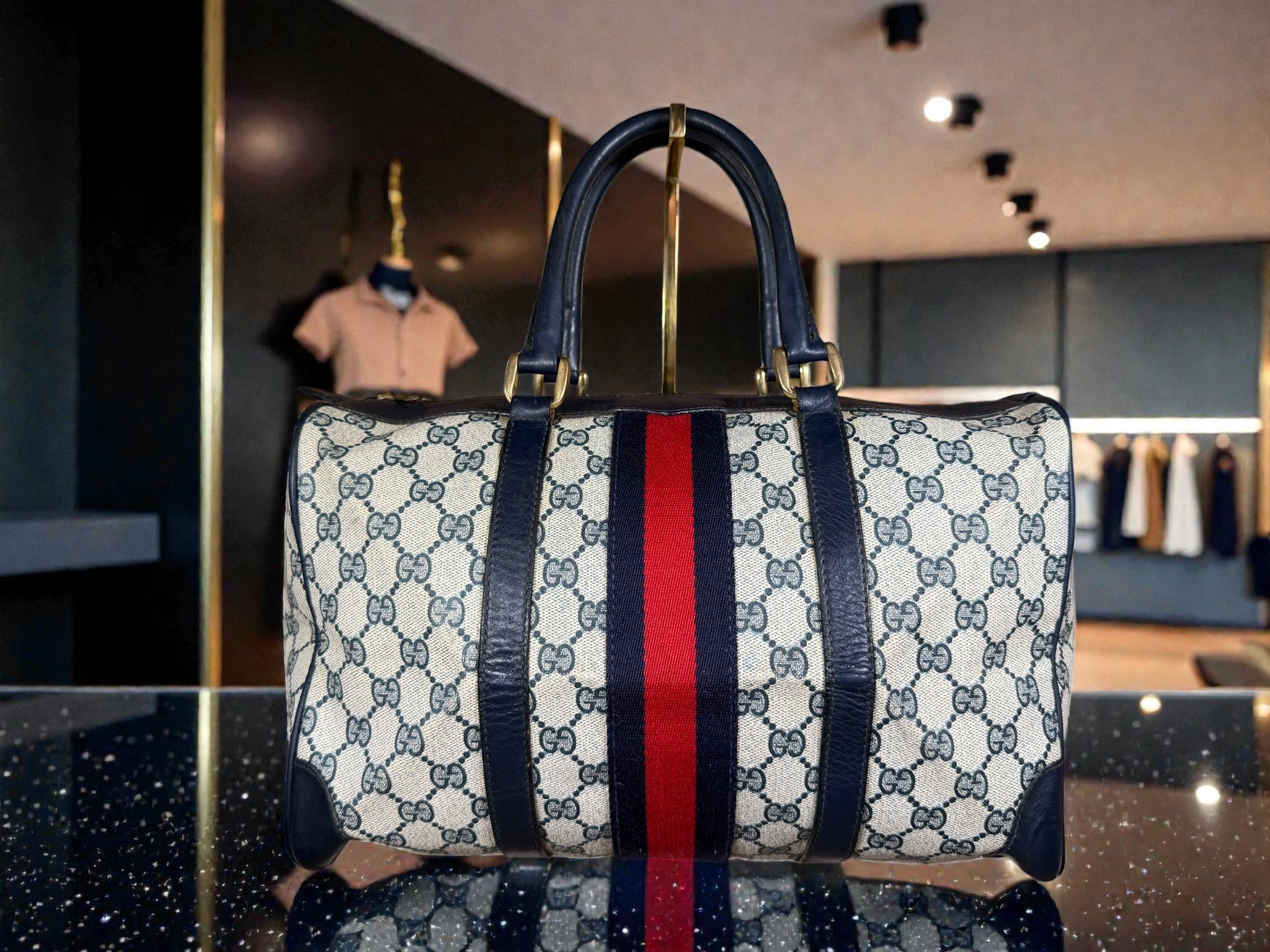 Gucci Mini Boston Bag in GG Supreme Canvas with Navy Leather Trim and Signature Web Stripe