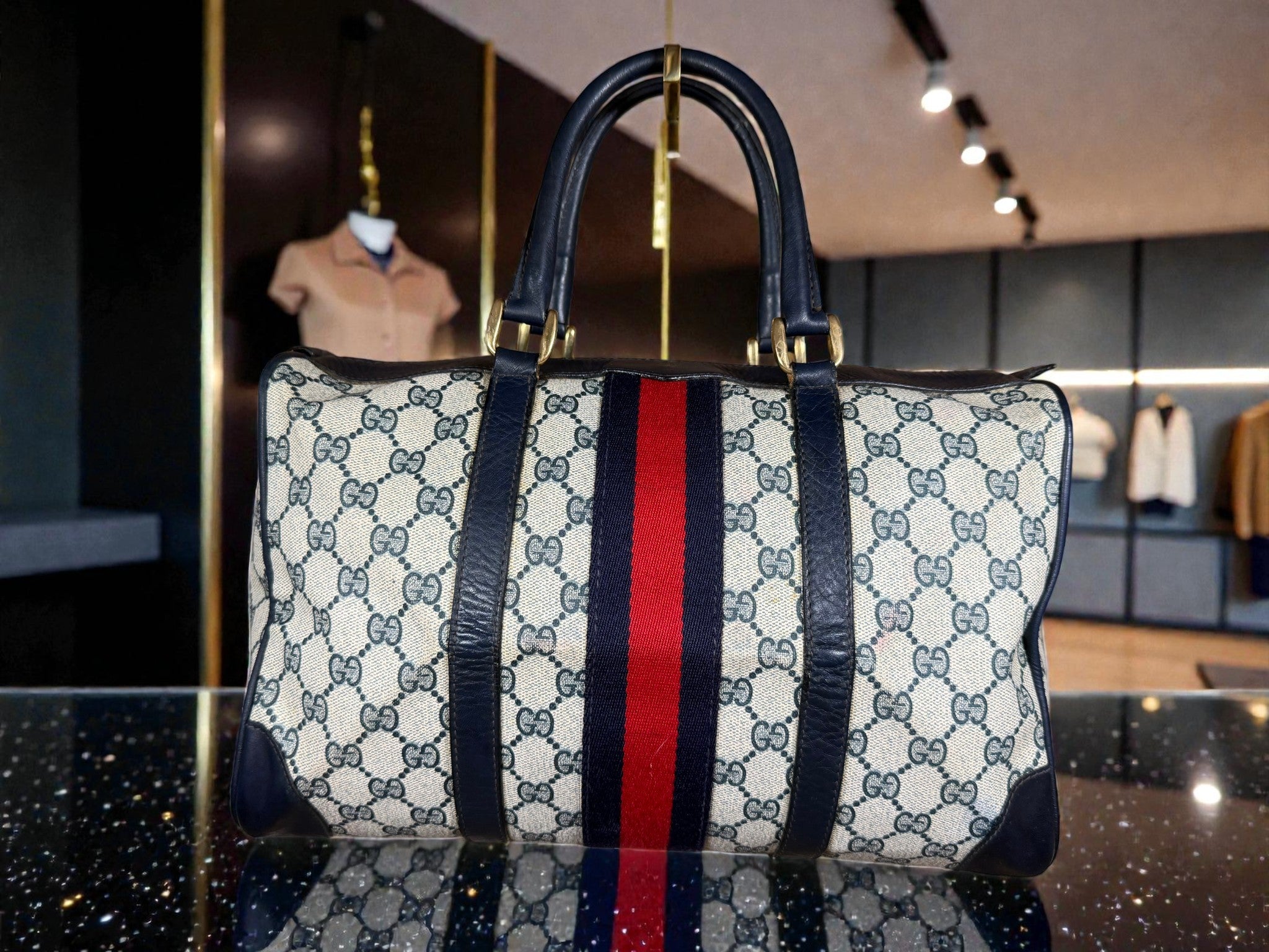 Gucci Mini Boston Bag in GG Supreme Canvas with Navy Leather Trim and Signature Web Stripe