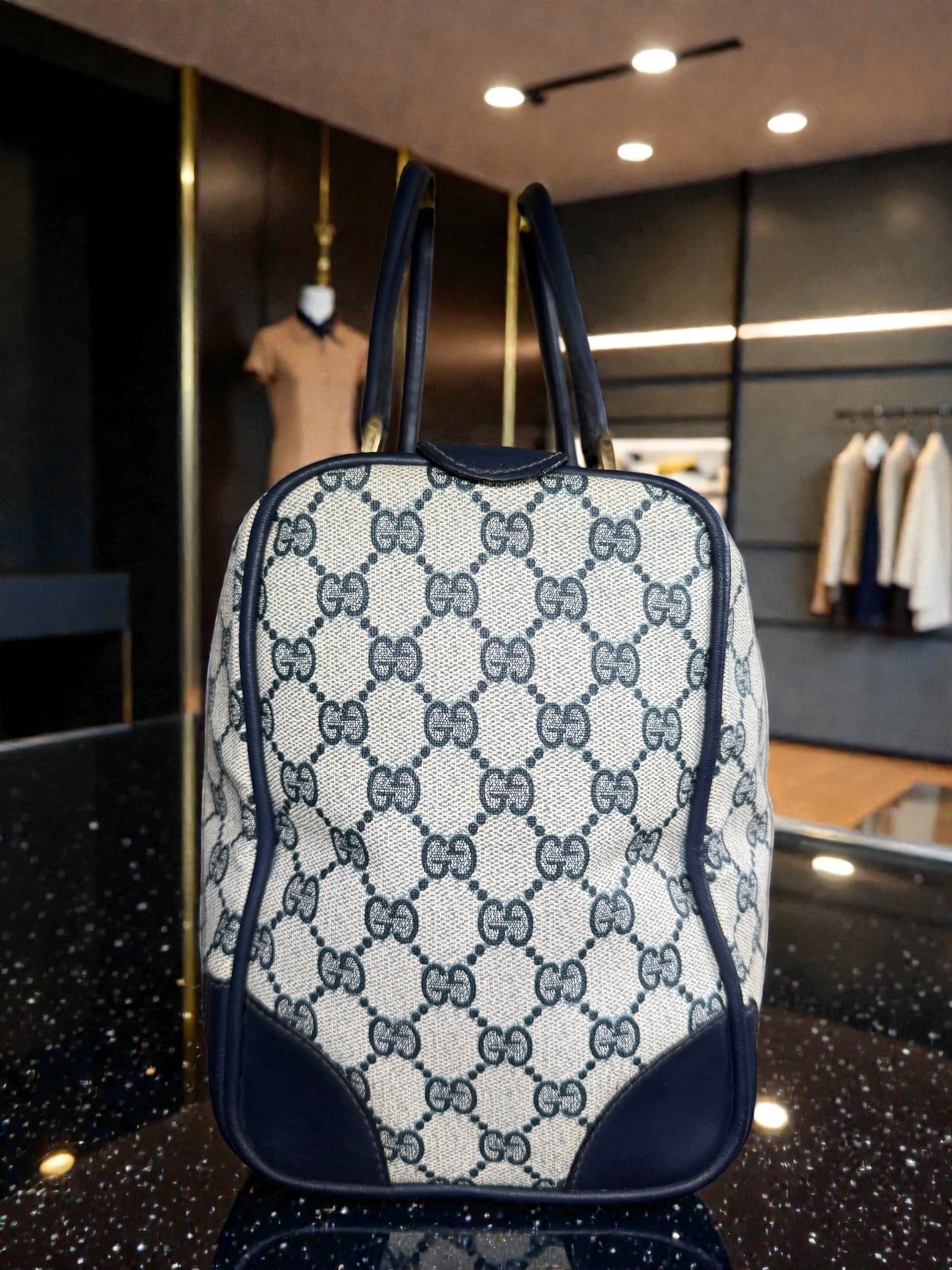 Gucci Mini Boston Bag in GG Supreme Canvas with Navy Leather Trim and Signature Web Stripe