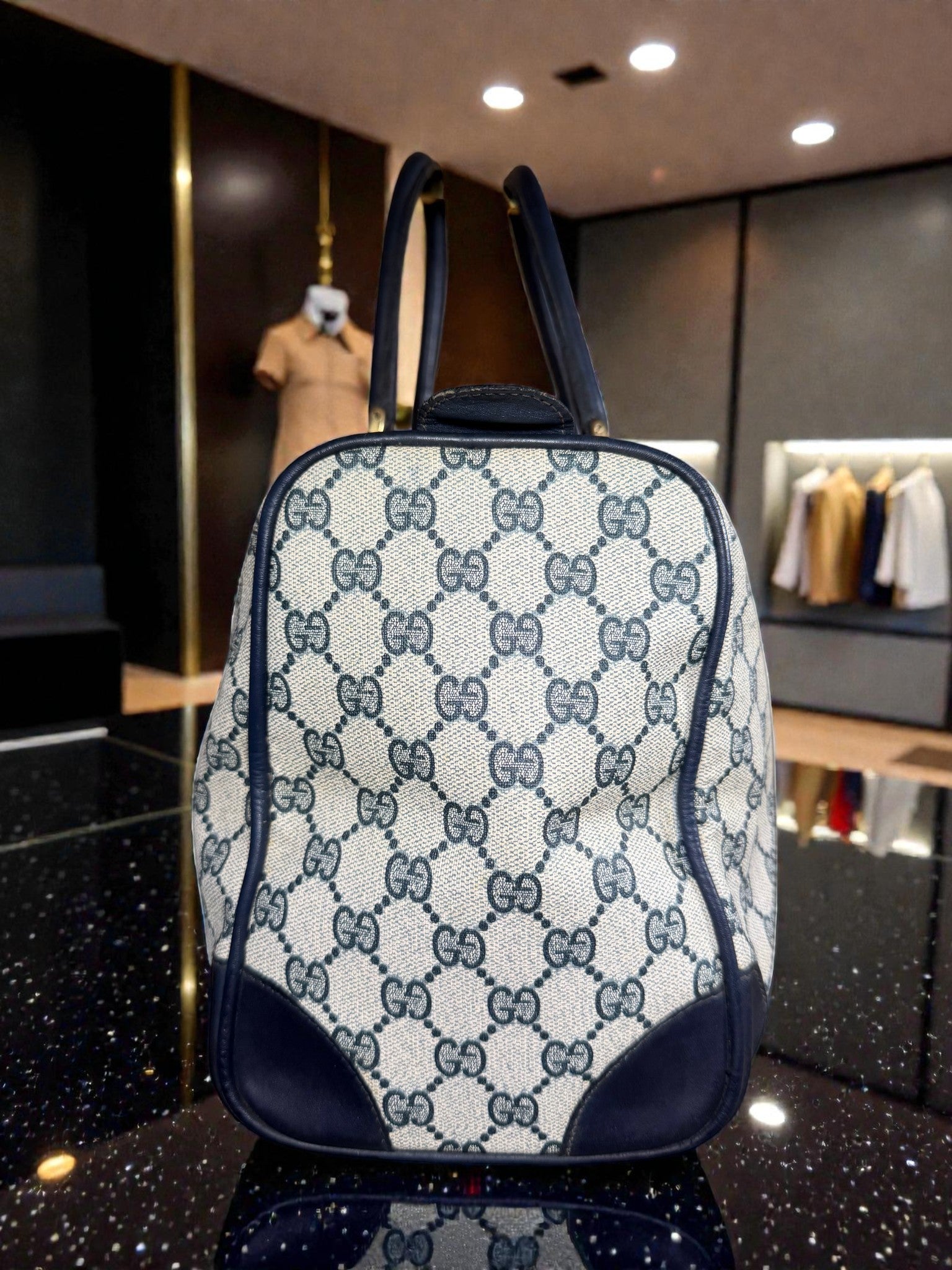 Gucci Mini Boston Bag in GG Supreme Canvas with Navy Leather Trim and Signature Web Stripe