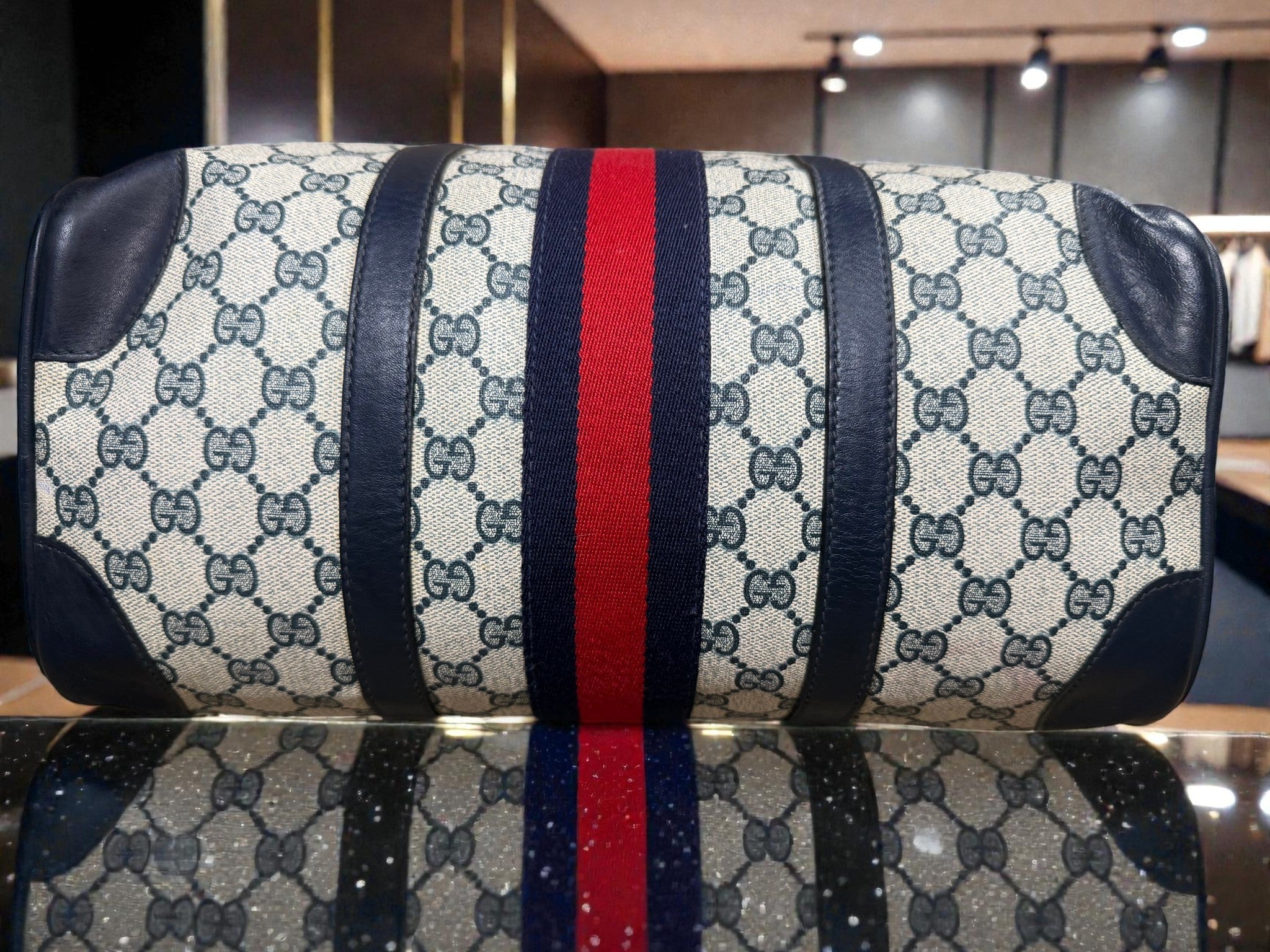 Gucci Mini Boston Bag in GG Supreme Canvas with Navy Leather Trim and Signature Web Stripe