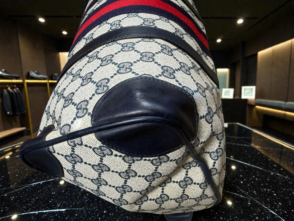 Gucci Mini Boston Bag in GG Supreme Canvas with Navy Leather Trim and Signature Web Stripe