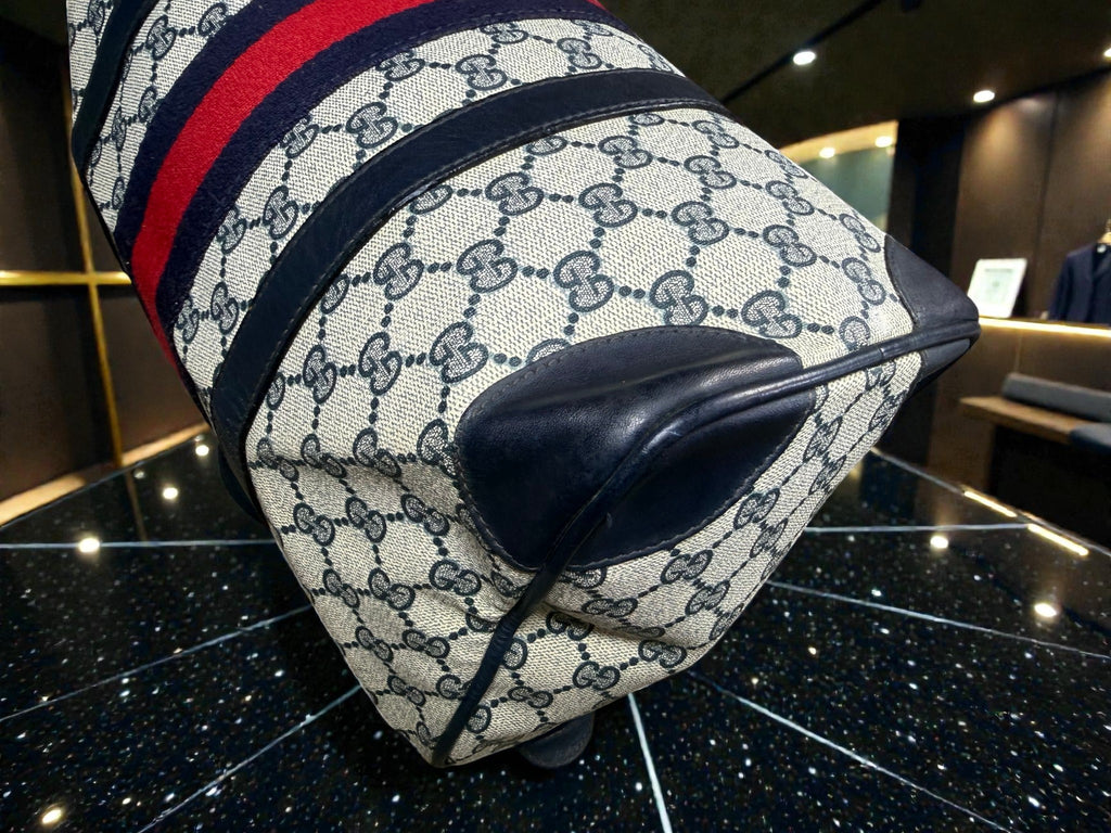 Gucci Mini Boston Bag in GG Supreme Canvas with Navy Leather Trim and Signature Web Stripe
