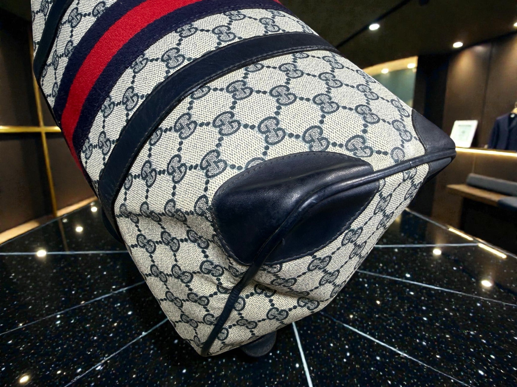 Gucci Mini Boston Bag in GG Supreme Canvas with Navy Leather Trim and Signature Web Stripe