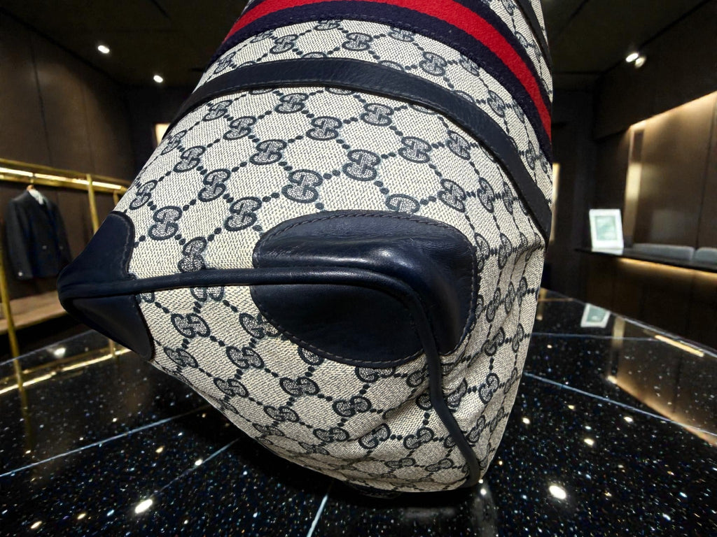 Gucci Mini Boston Bag in GG Supreme Canvas with Navy Leather Trim and Signature Web Stripe