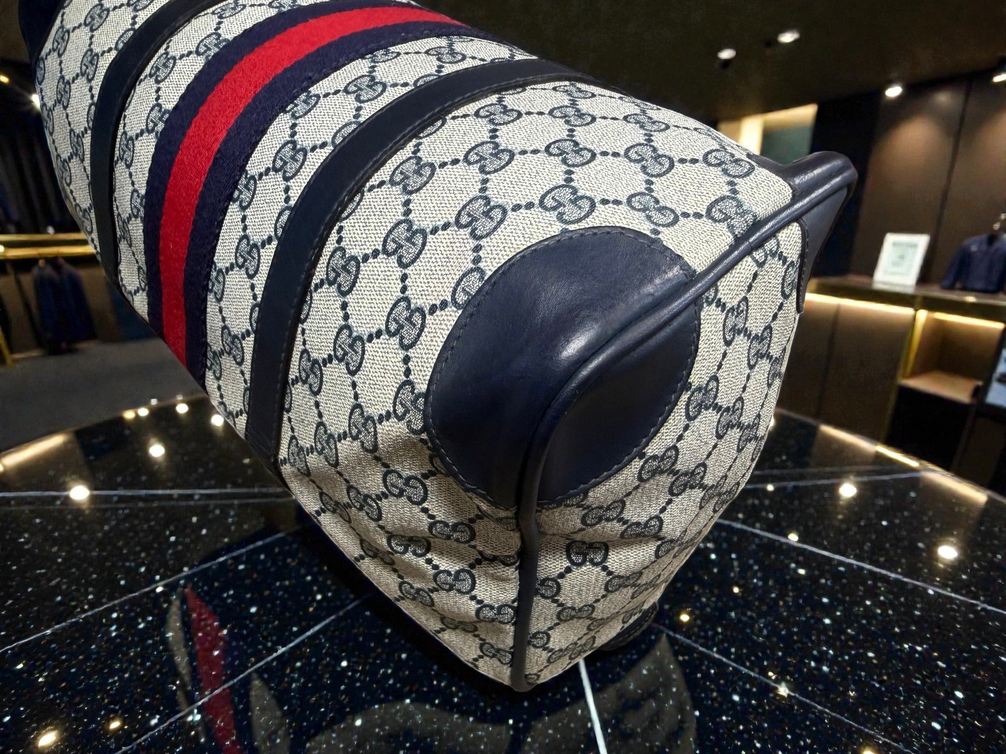 Gucci Mini Boston Bag in GG Supreme Canvas with Navy Leather Trim and Signature Web Stripe
