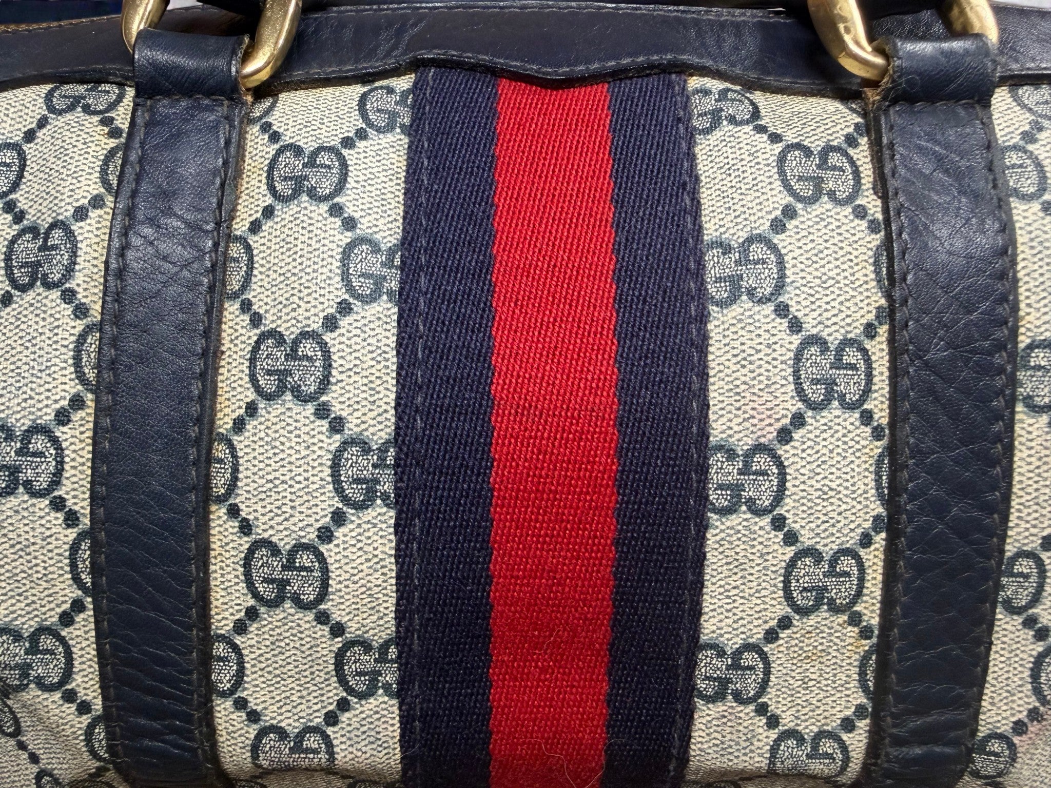 Gucci Mini Boston Bag in GG Supreme Canvas with Navy Leather Trim and Signature Web Stripe