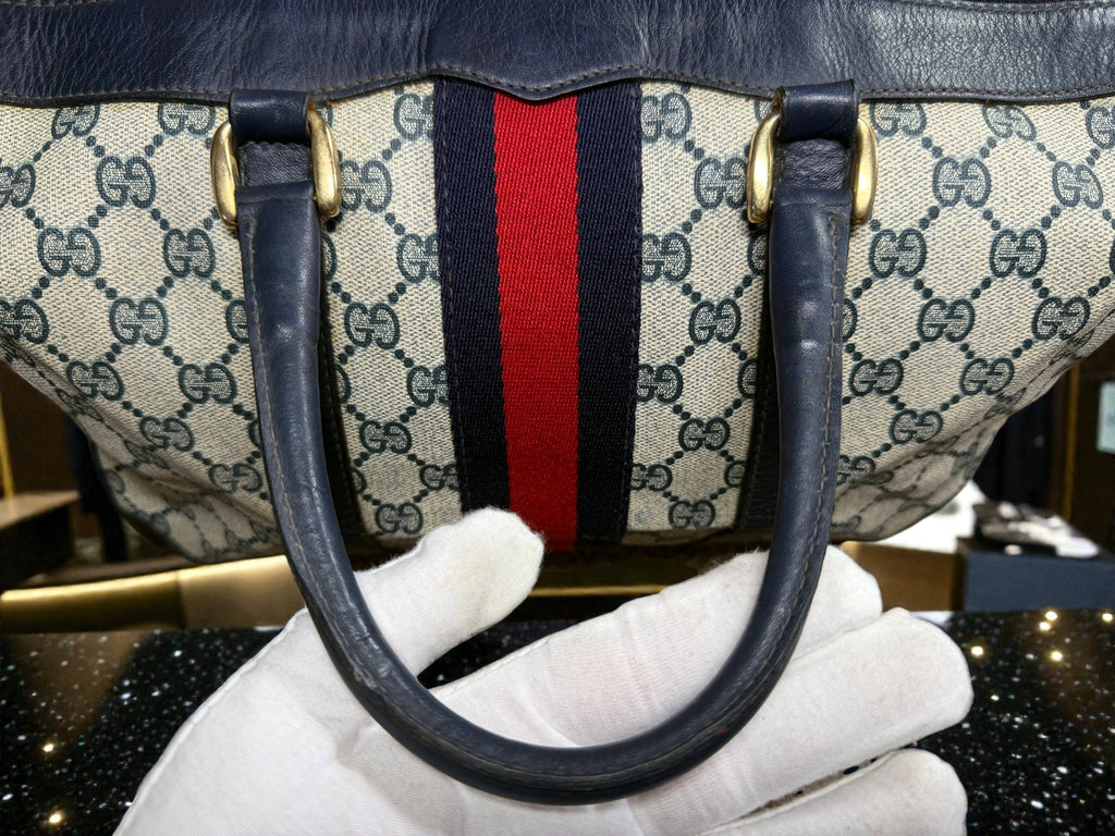Gucci Mini Boston Bag in GG Supreme Canvas with Navy Leather Trim and Signature Web Stripe