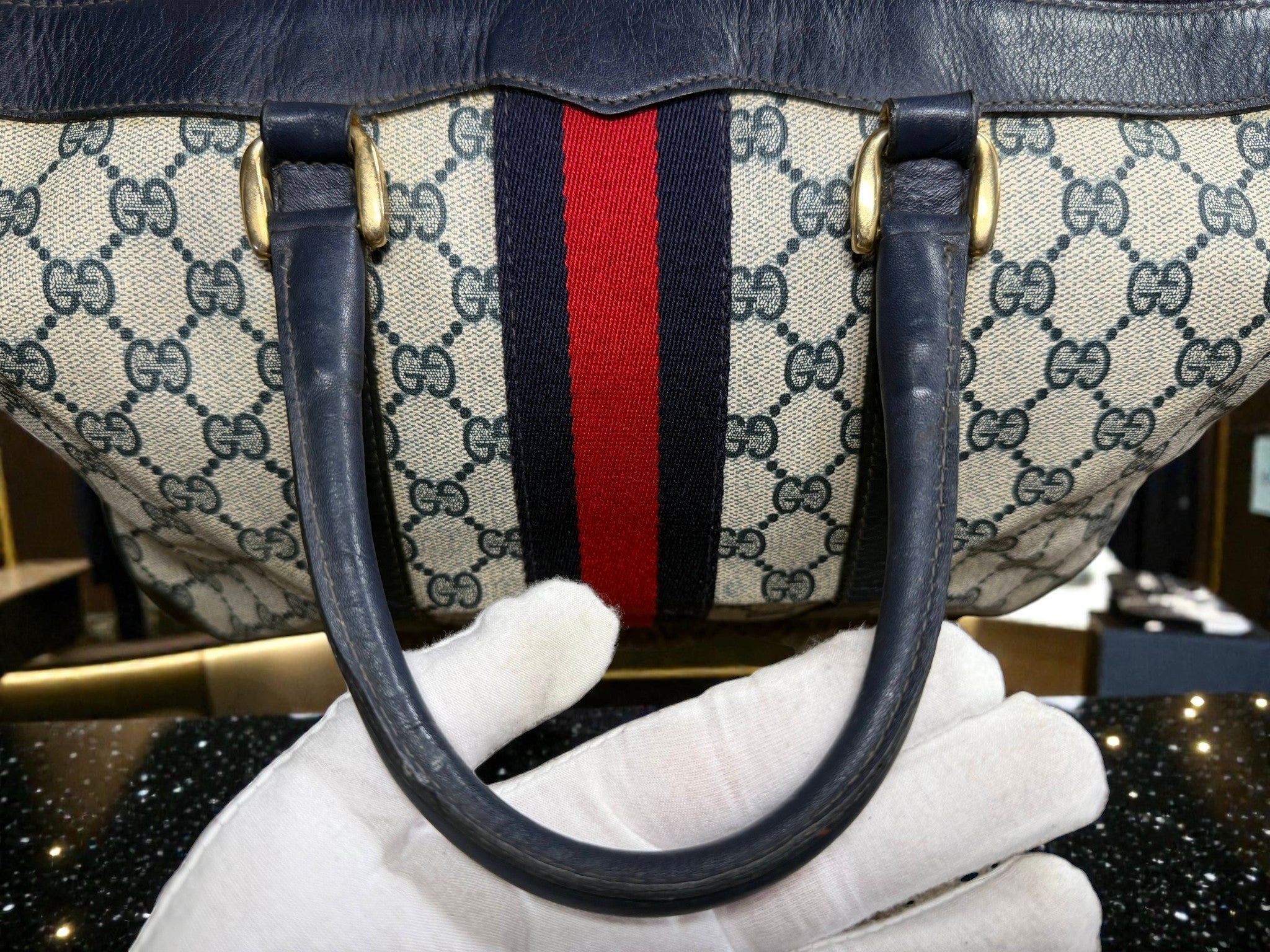 Gucci Mini Boston Bag in GG Supreme Canvas with Navy Leather Trim and Signature Web Stripe
