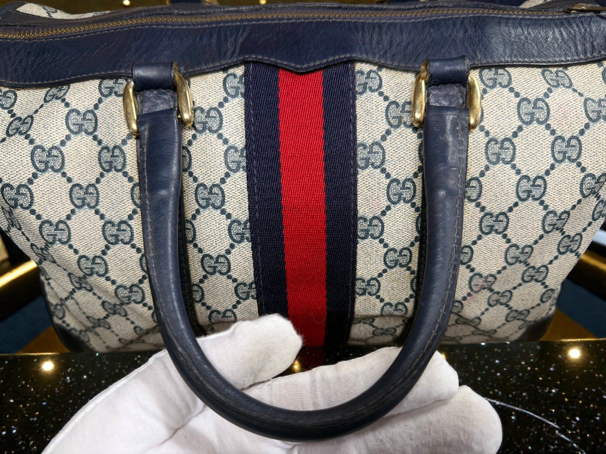 Gucci Mini Boston Bag in GG Supreme Canvas with Navy Leather Trim and Signature Web Stripe