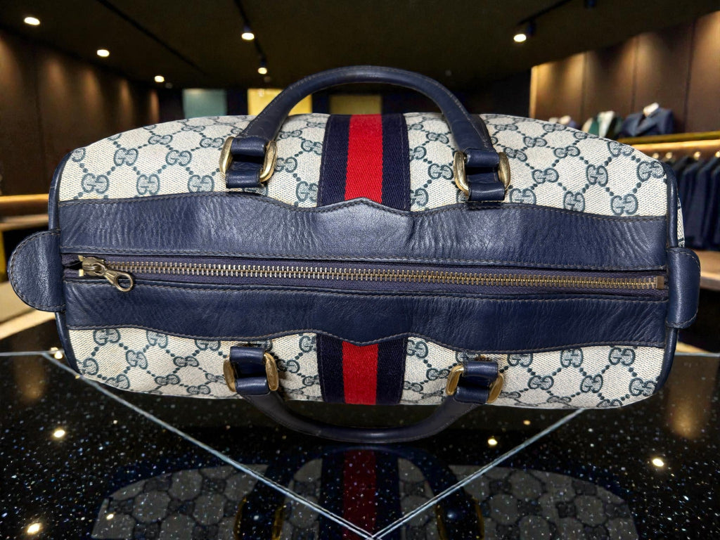 Gucci Mini Boston Bag in GG Supreme Canvas with Navy Leather Trim and Signature Web Stripe