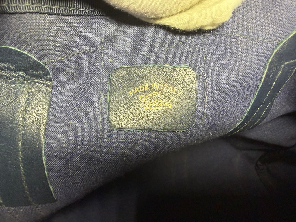 Gucci Mini Boston Bag in GG Supreme Canvas with Navy Leather Trim and Signature Web Stripe