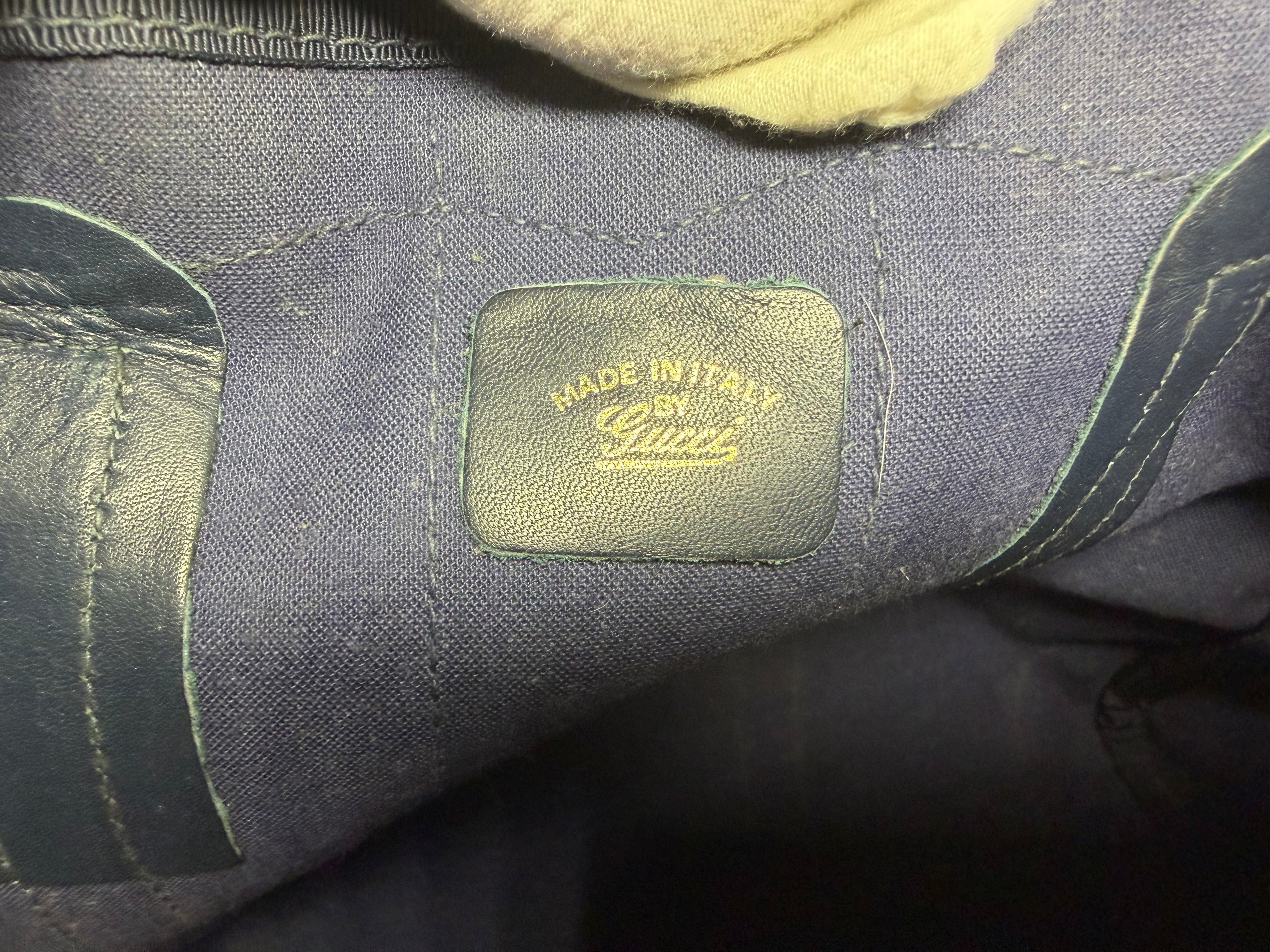 Gucci Mini Boston Bag in GG Supreme Canvas with Navy Leather Trim and Signature Web Stripe