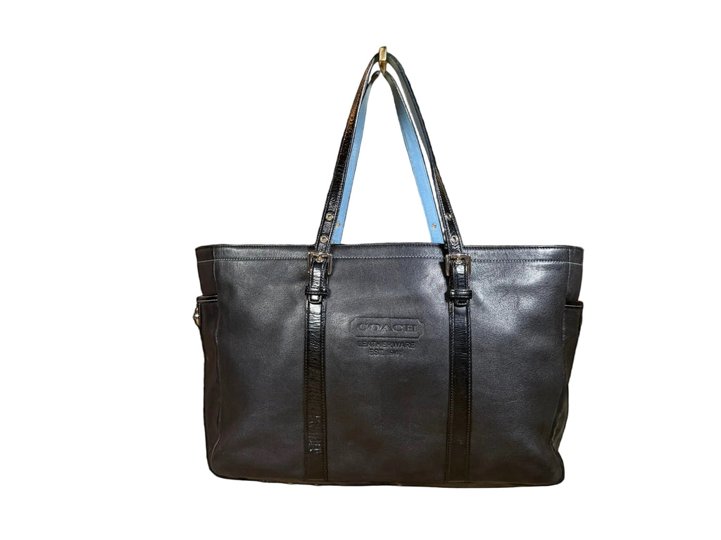 Coach Gallery Tote Bag in Black Leather with Light Blue handles (9237)