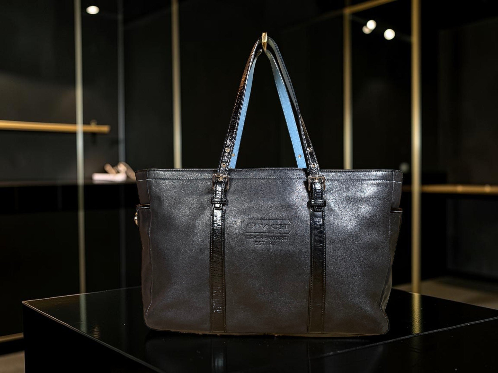 Coach Gallery Tote Bag in Black Leather with Light Blue handles (9237)