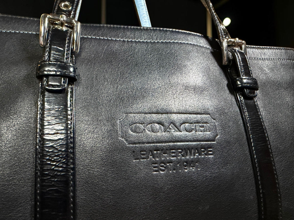 Coach Gallery Tote Bag in Black Leather with Light Blue handles (9237)